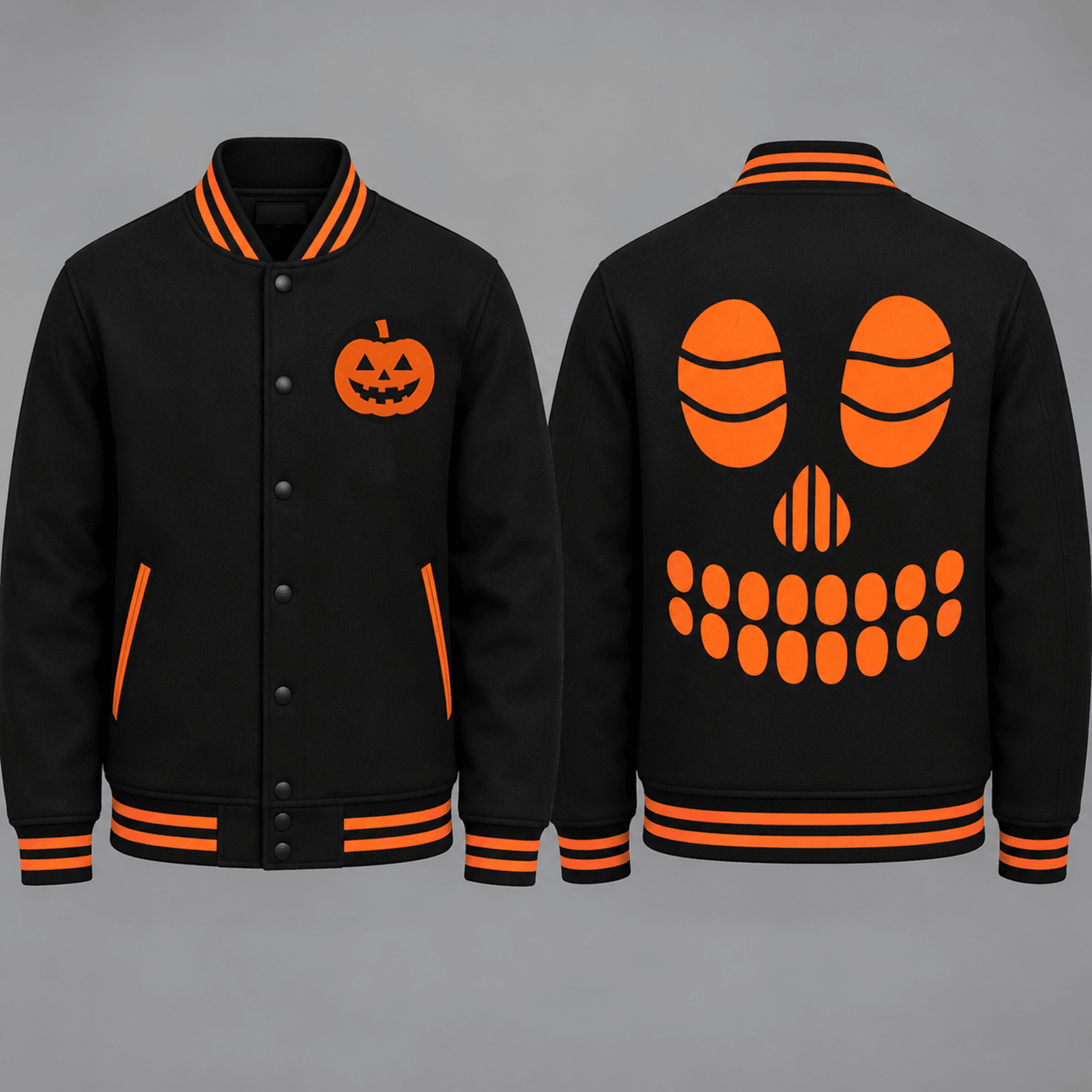 unisex halloween skull face varsity jacket, black orange pumpkin printed jacket, spooky october outfit for adults