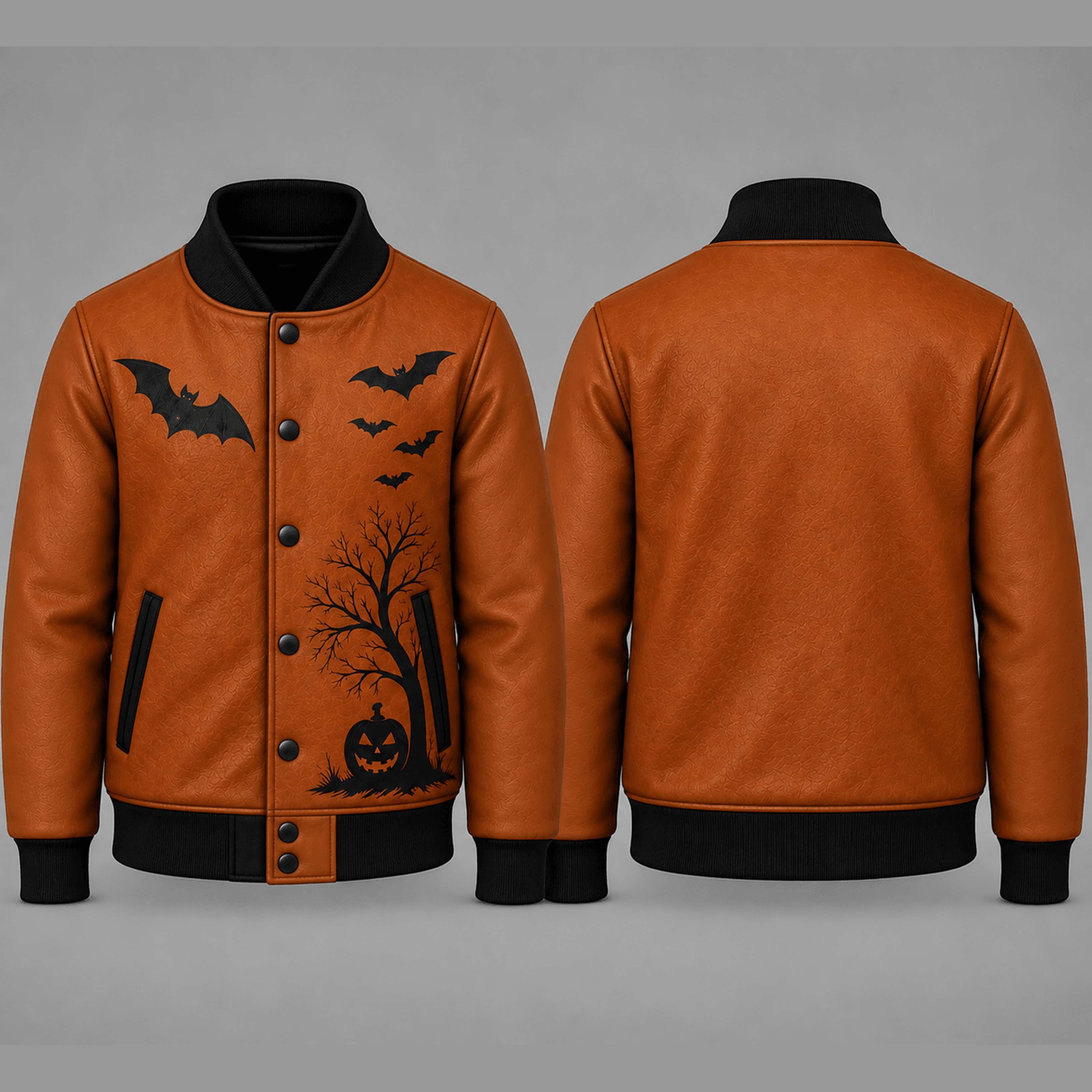 unisex halloween bat varsity jacket, orange pumpkin tree printed jacket, spooky autumn outfit for adults