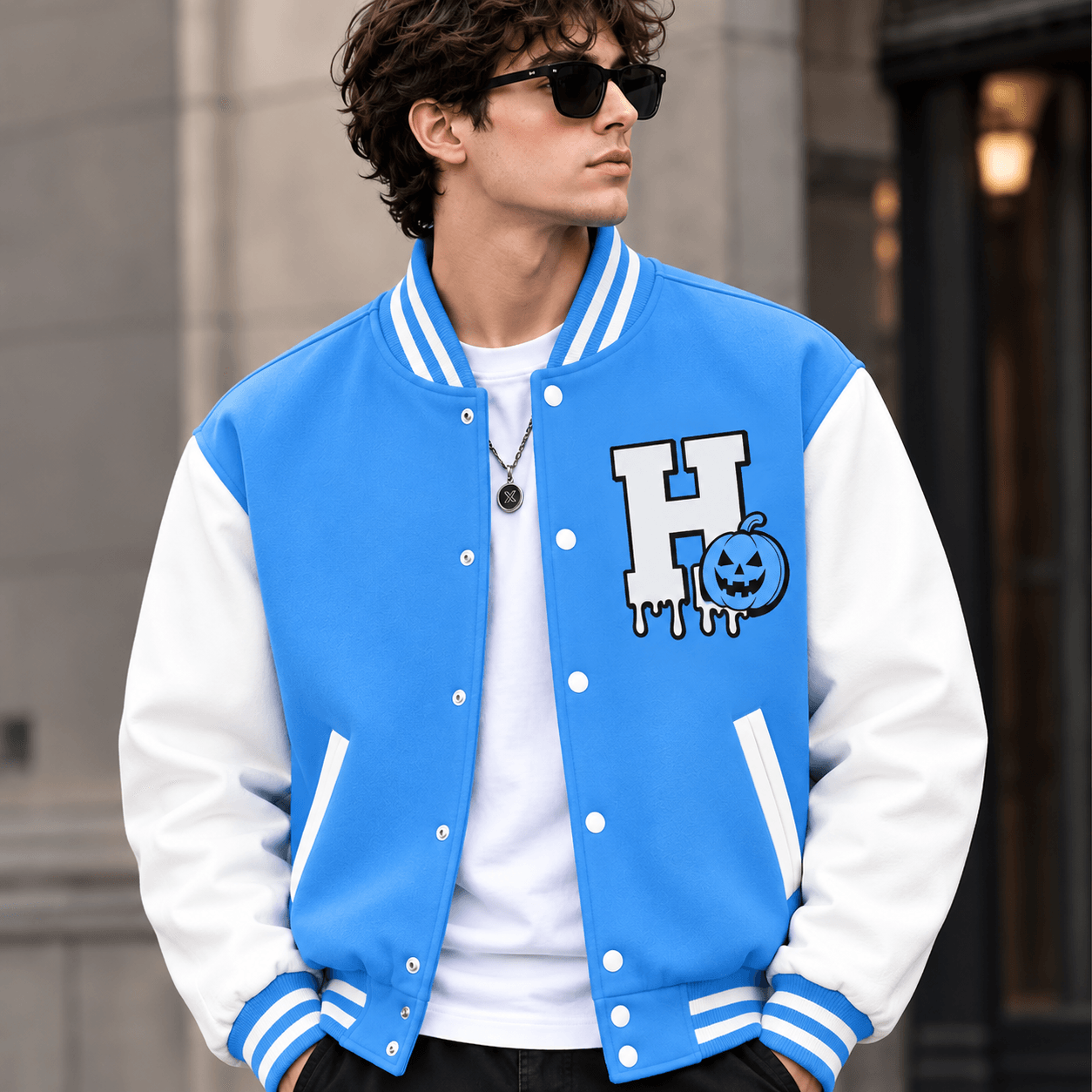 unisex halloween initial h varsity jacket, blue pumpkin printed letter jacket, spooky fall jacket for adults