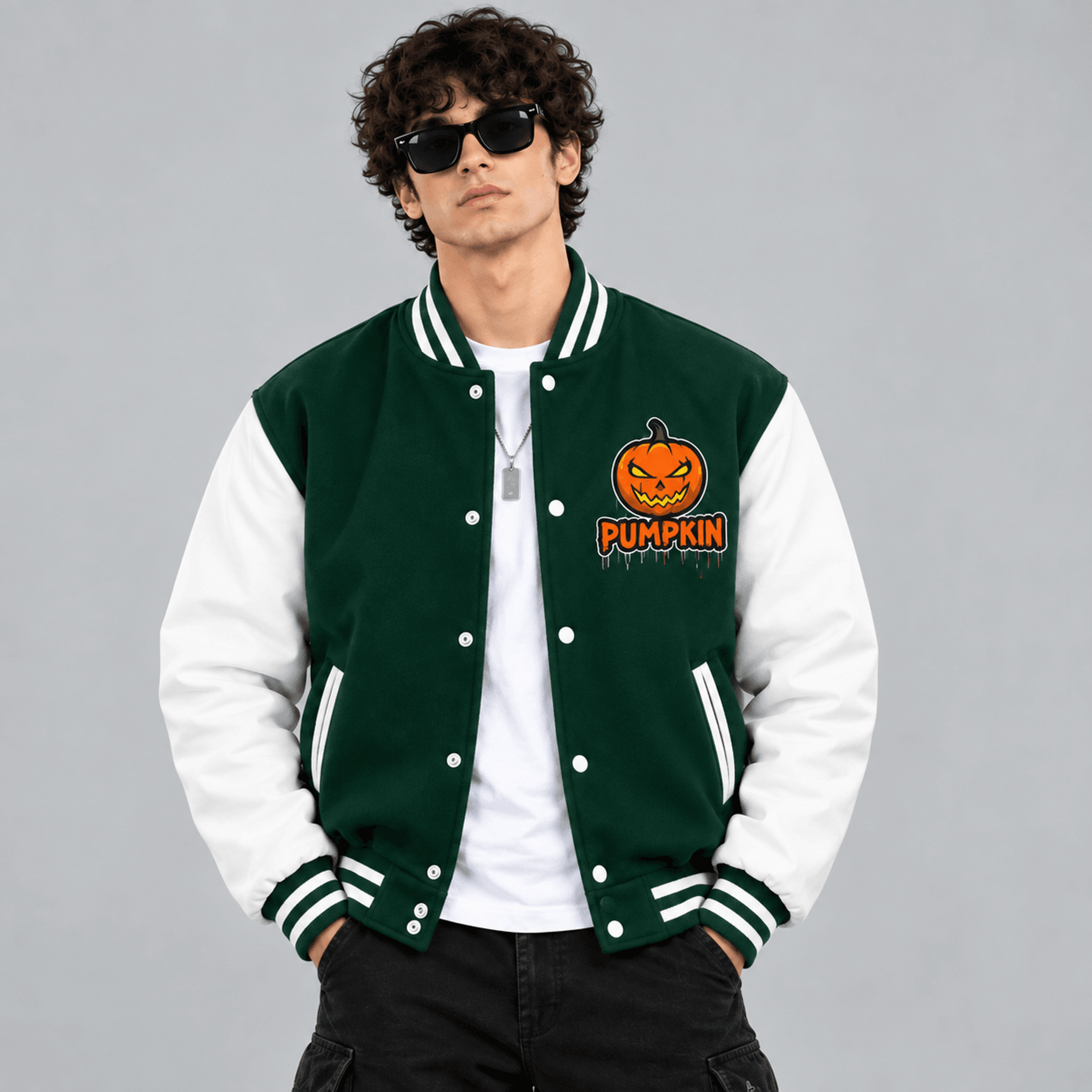 unisex halloween pumpkin varsity jacket, green white jack o lantern printed jacket, spooky fall outfit for adults