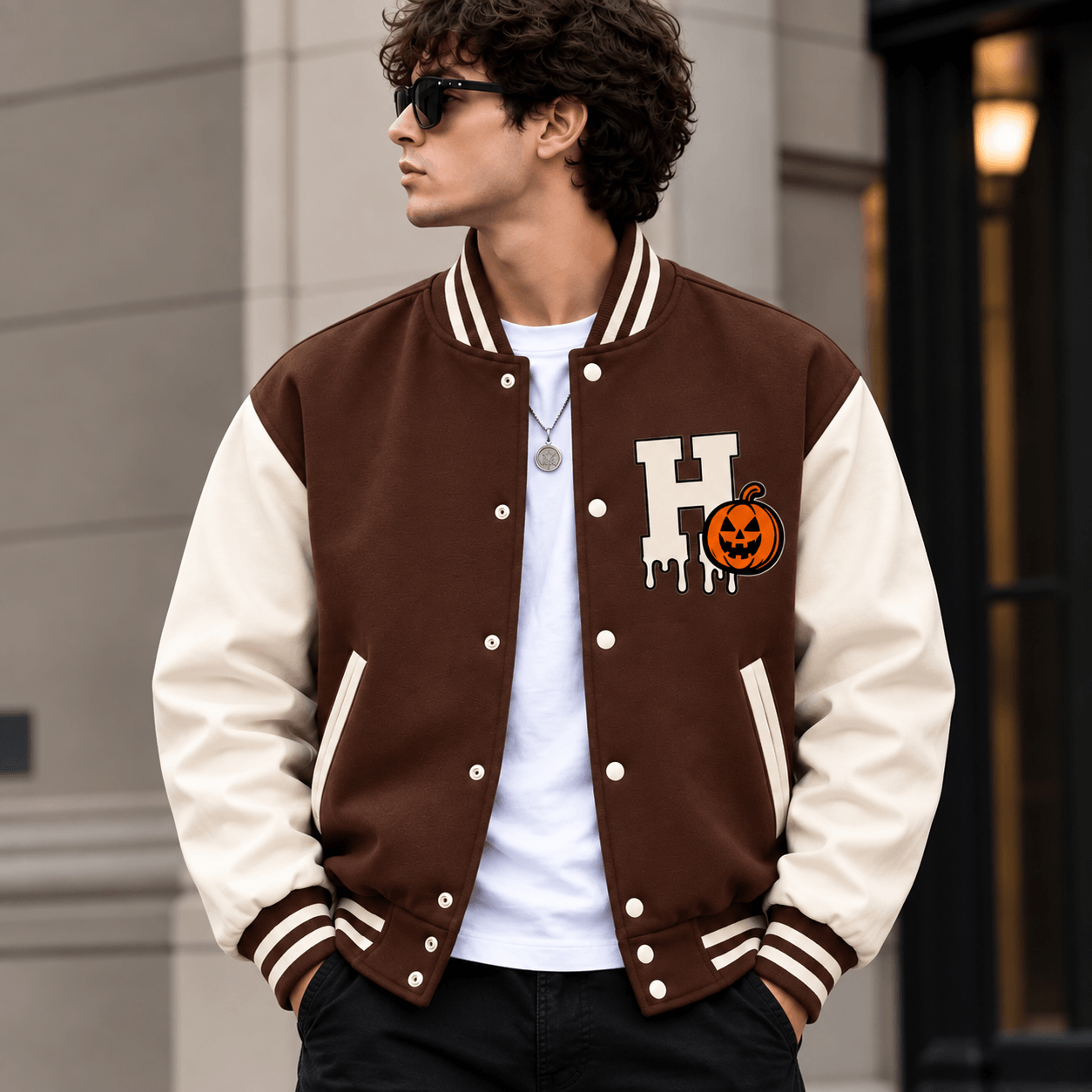 unisex halloween initial h varsity jacket, brown pumpkin letter printed jacket, spooky fall outfit for adults