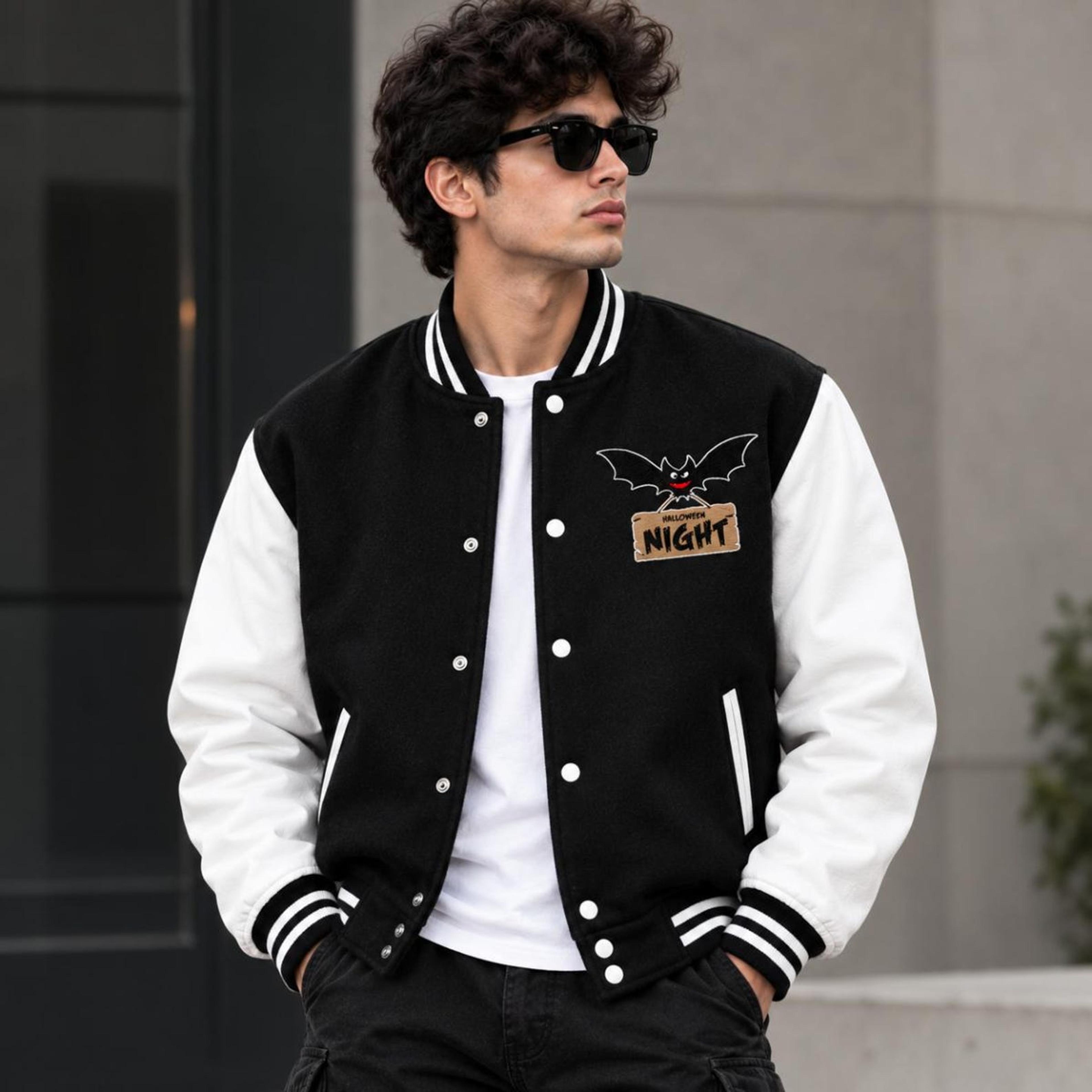 unisex halloween night varsity jacket, black bat graphic printed jacket, spooky october outfit for adults