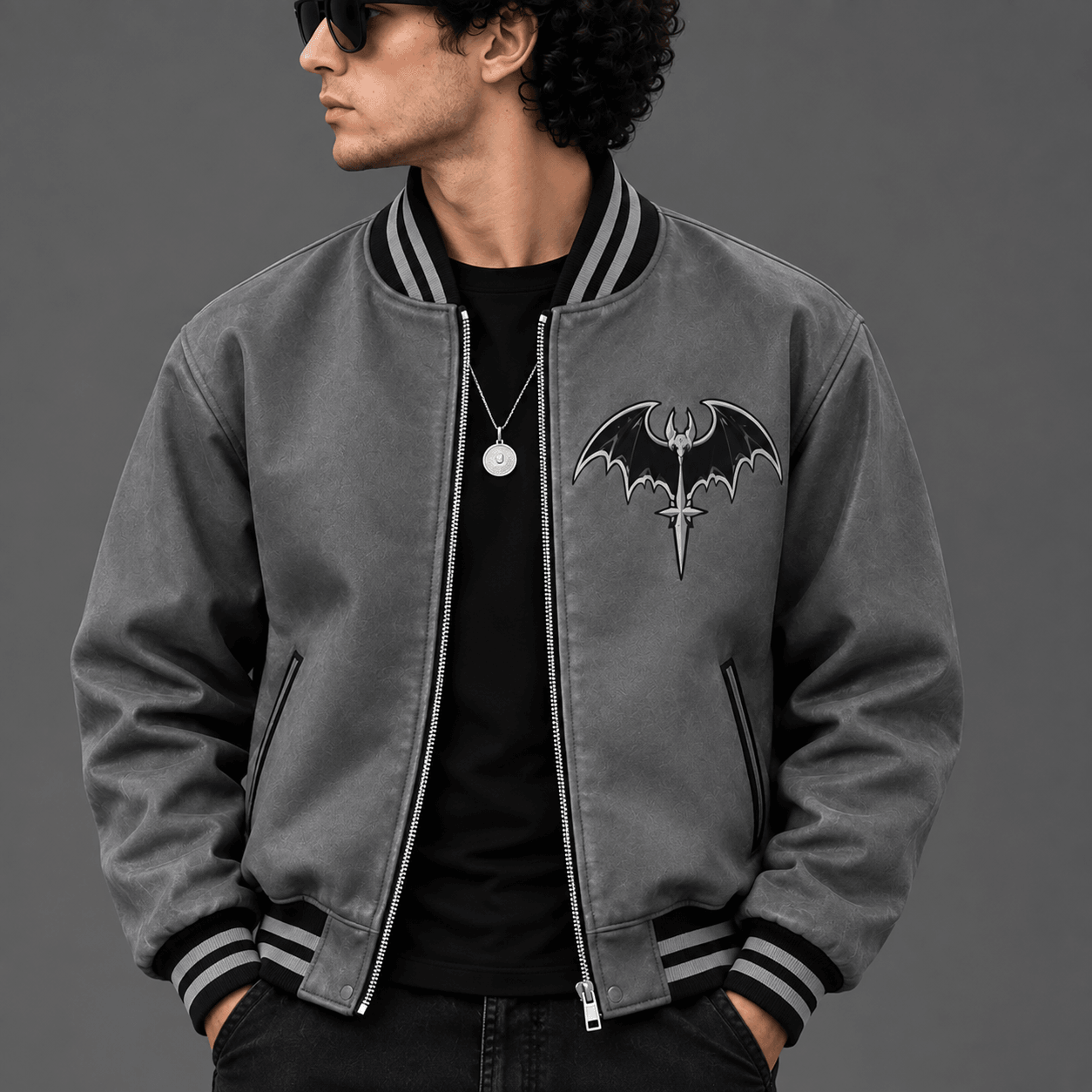 unisex gothic bat varsity jacket, gray halloween printed jacket, dark bat graphic spooky alternative jacket for adults