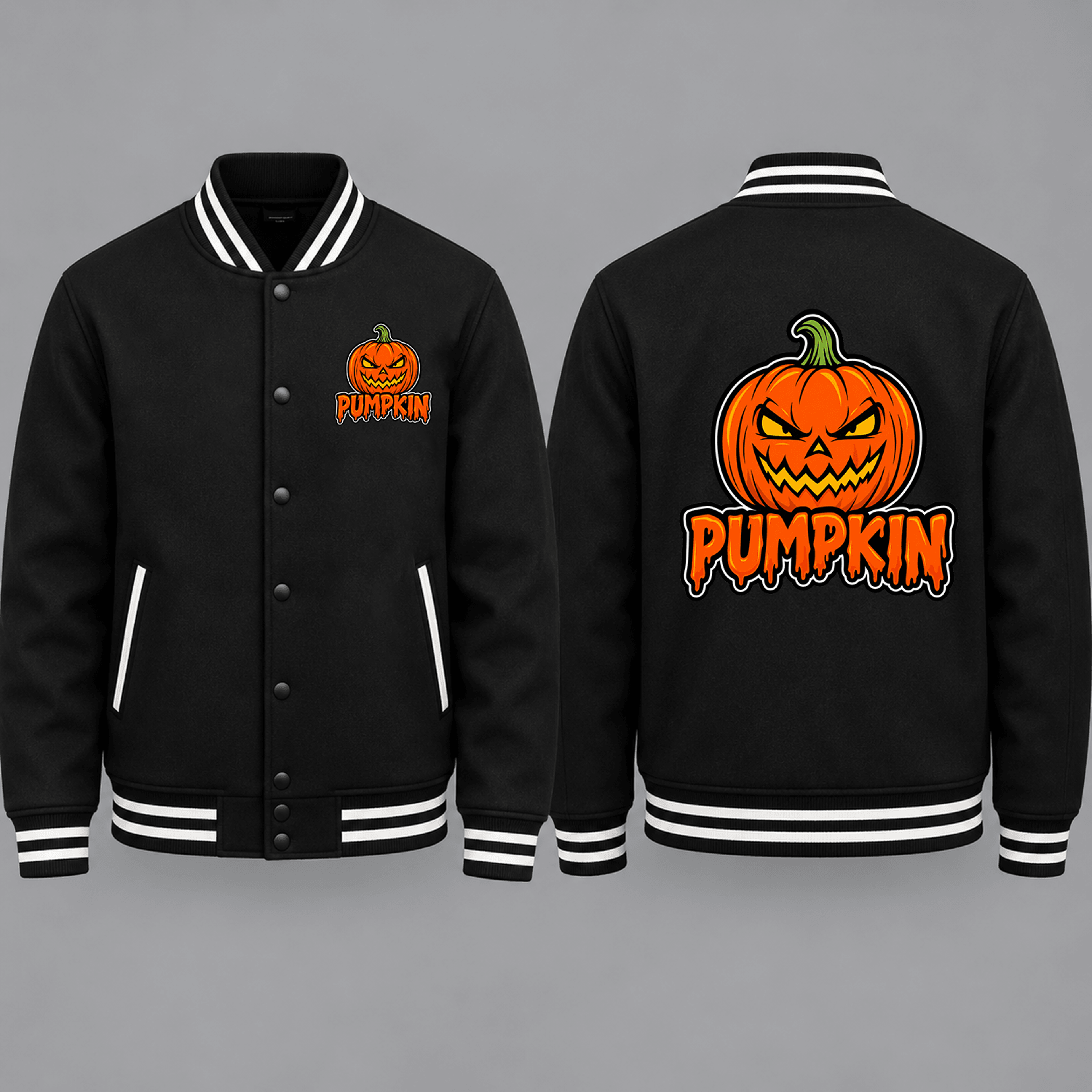 unisex pumpkin halloween varsity jacket, jack o lantern printed black jacket, spooky october outfit for adults
