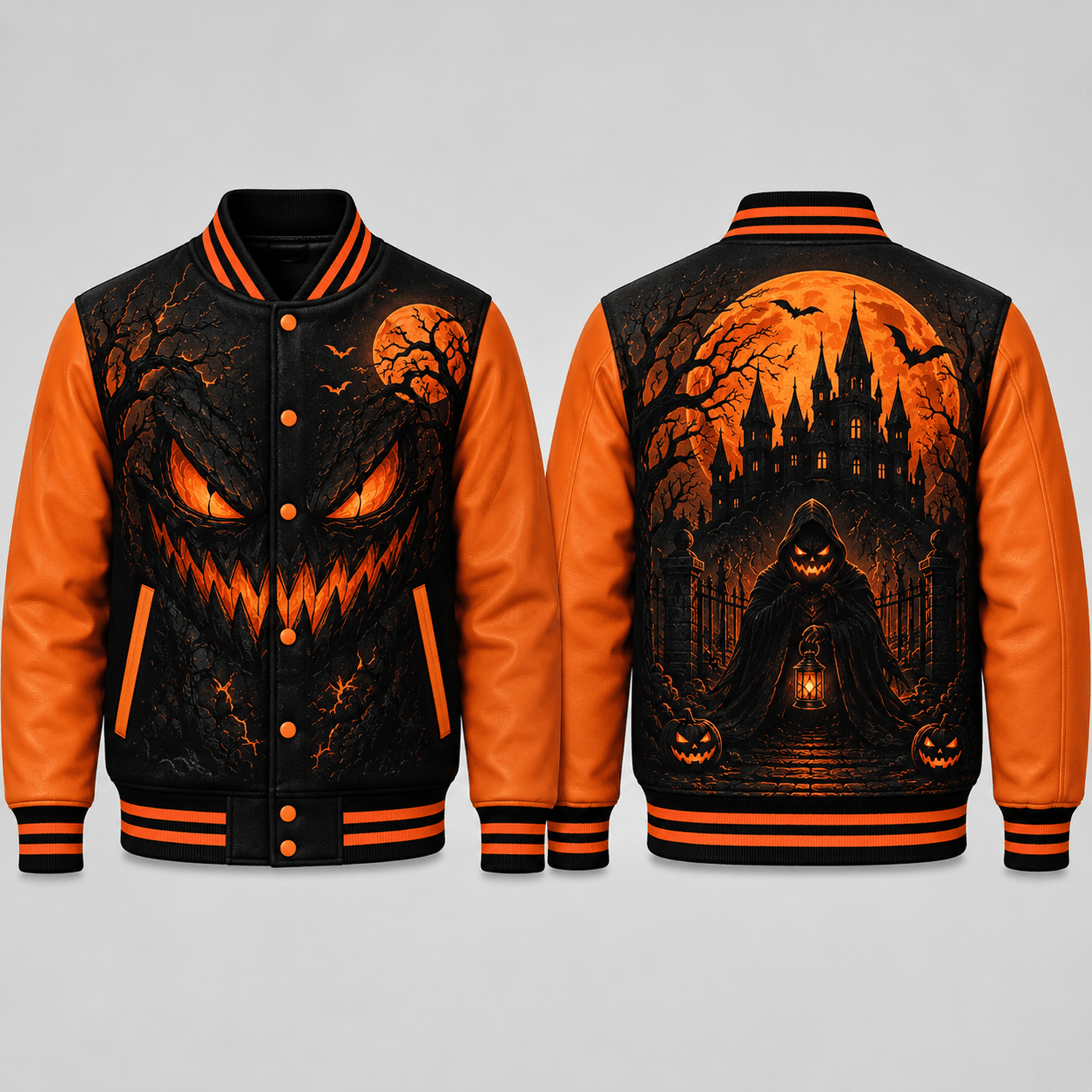 unisex haunted castle halloween varsity jacket, scary pumpkin face printed spooky black orange jacket for adults