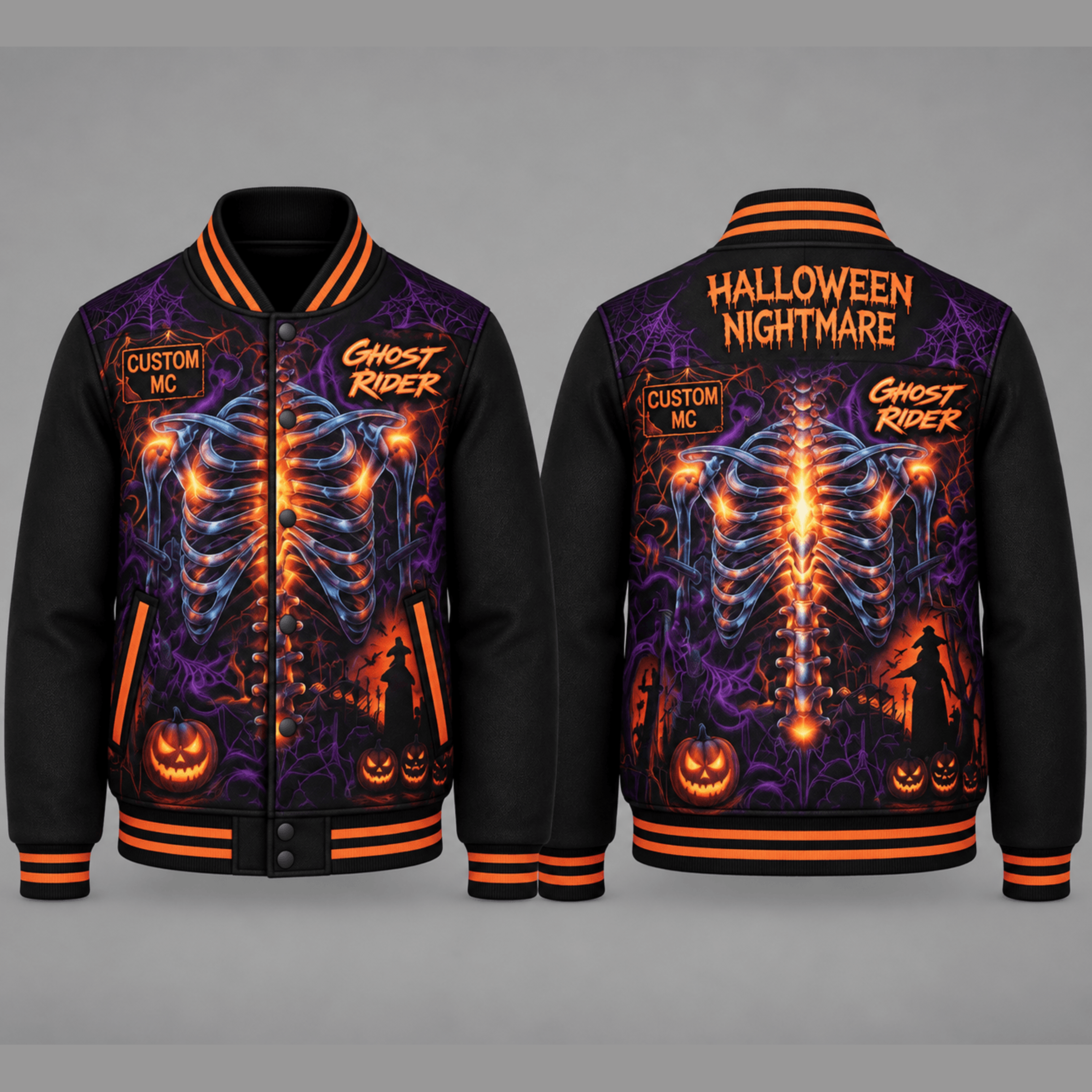 personalized unisex halloween nightmare varsity jacket, custom mc ghost rider skeleton printed jacket for adults