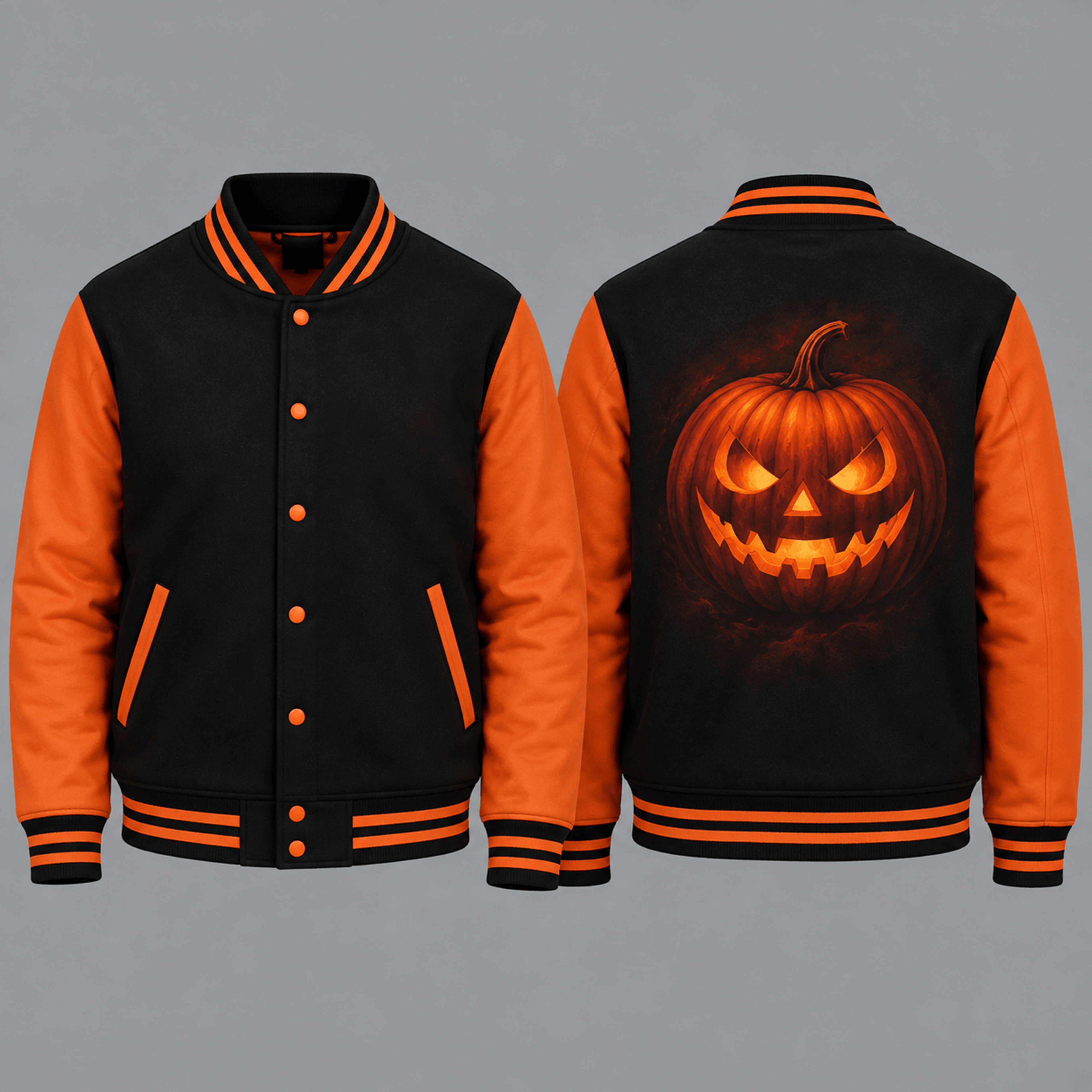 unisex jack o lantern halloween varsity jacket, glowing pumpkin printed black orange spooky jacket for adults