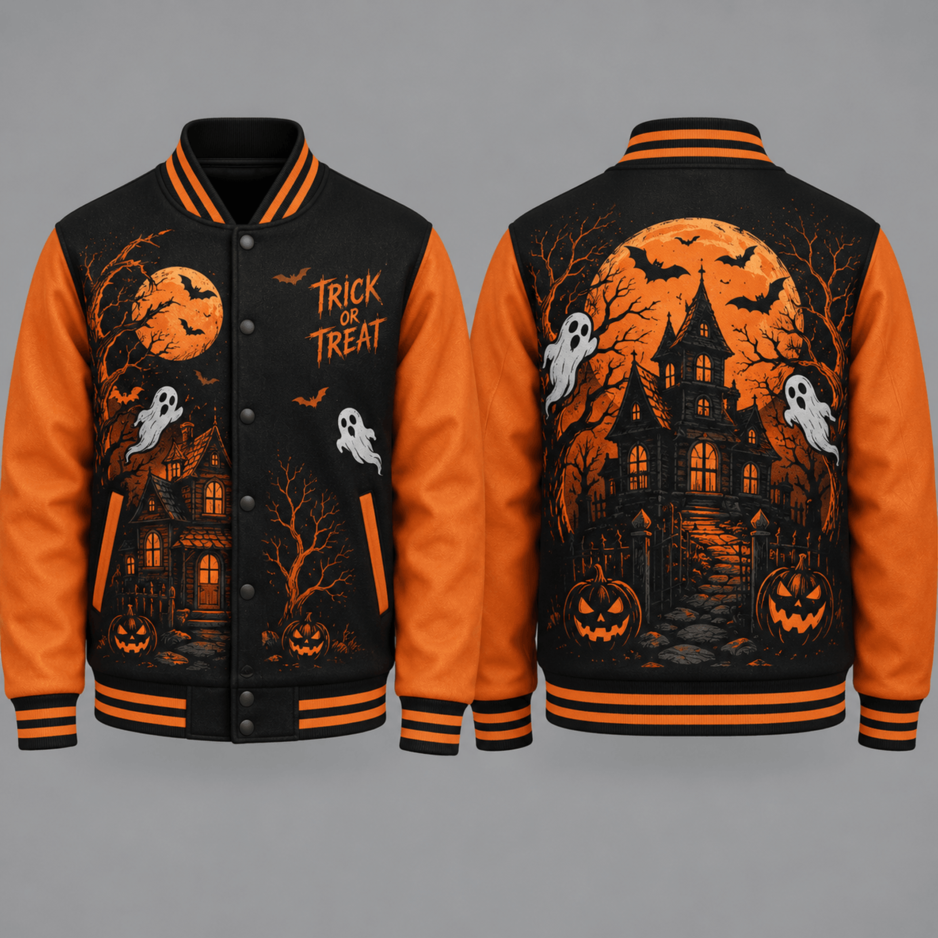 unisex trick or treat halloween varsity jacket, haunted house ghost pumpkin printed black orange jacket for adults