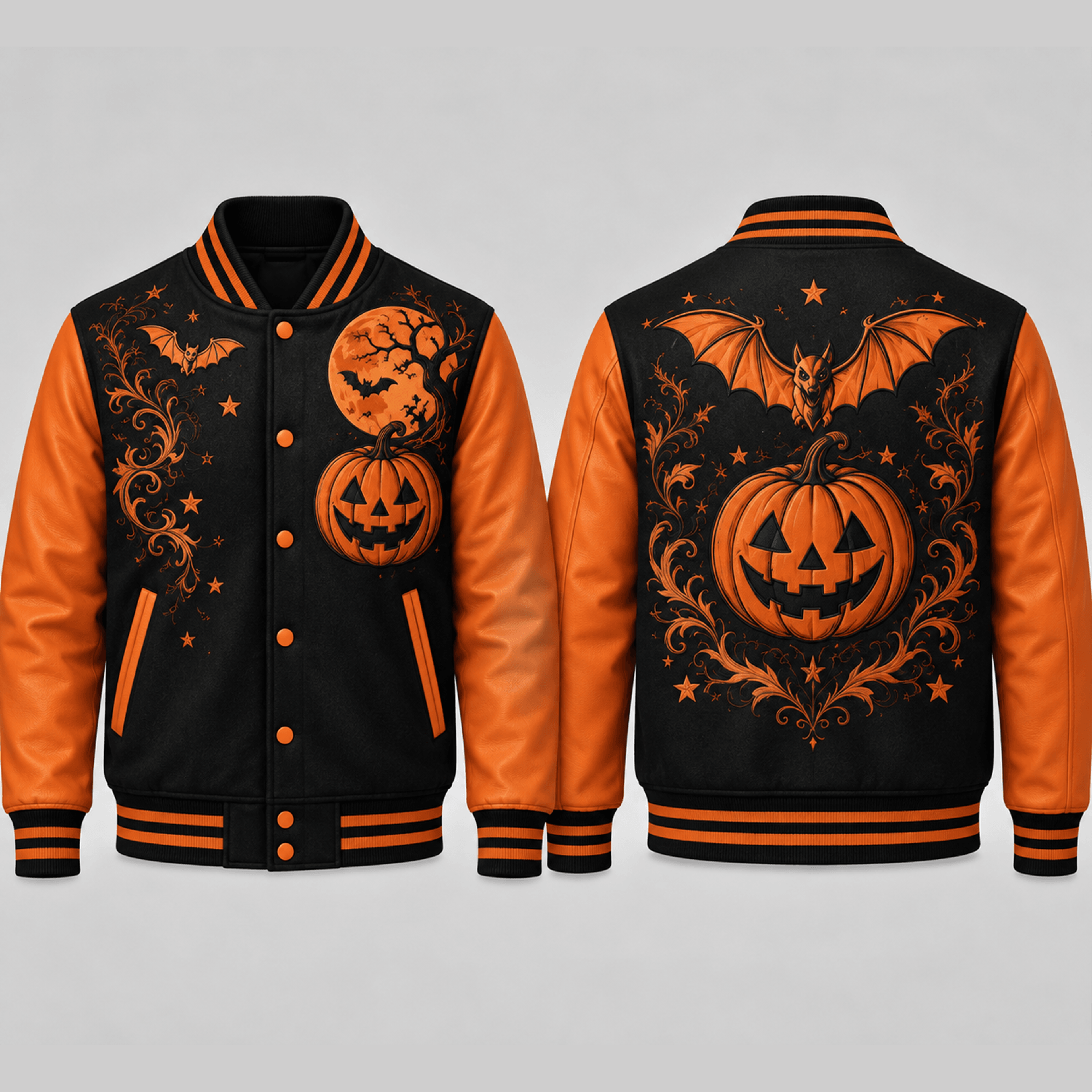 unisex halloween pumpkin bat varsity jacket, gothic jack o lantern moon printed black orange jacket for adults