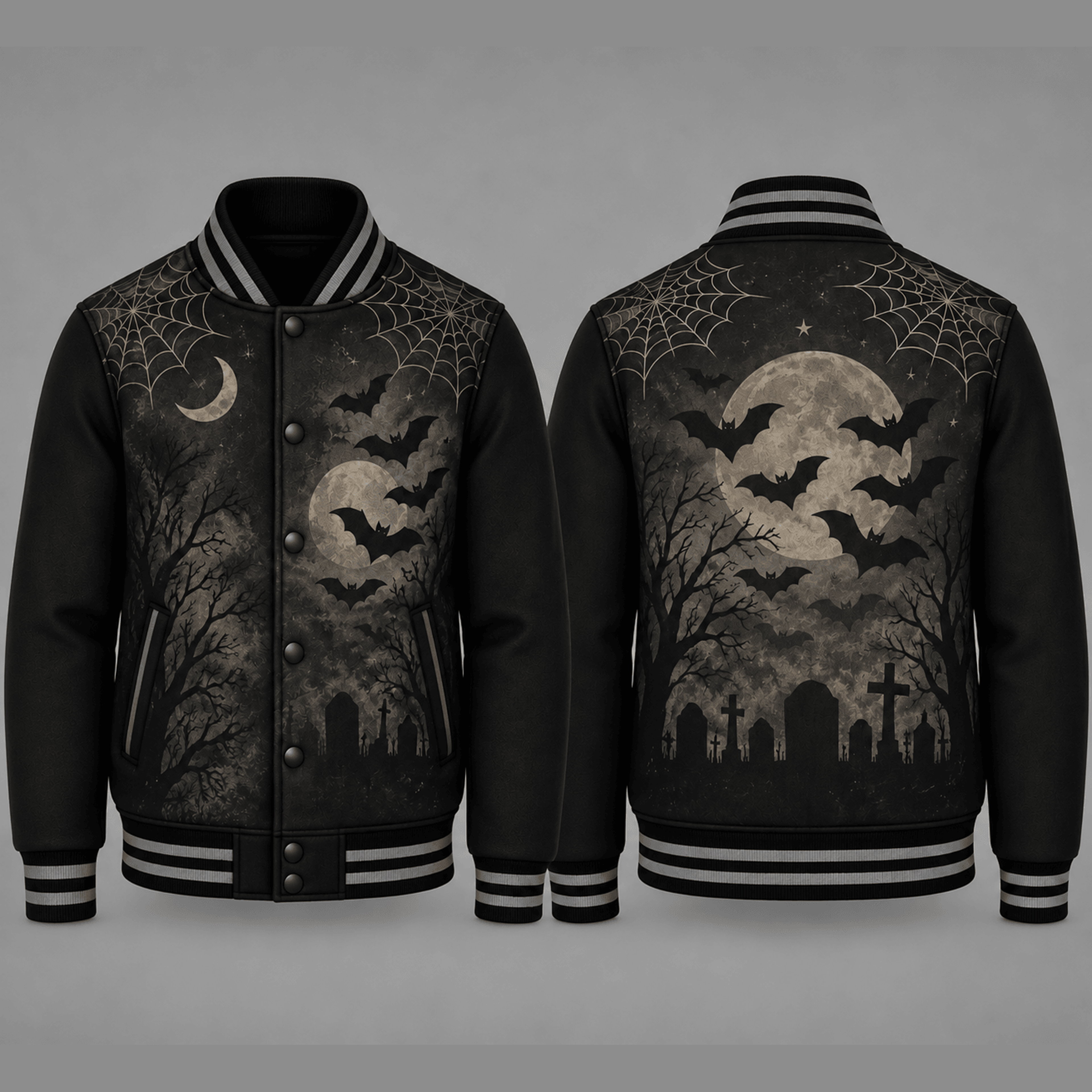unisex gothic halloween varsity jacket, full moon bats graveyard spider web printed black spooky jacket for adults