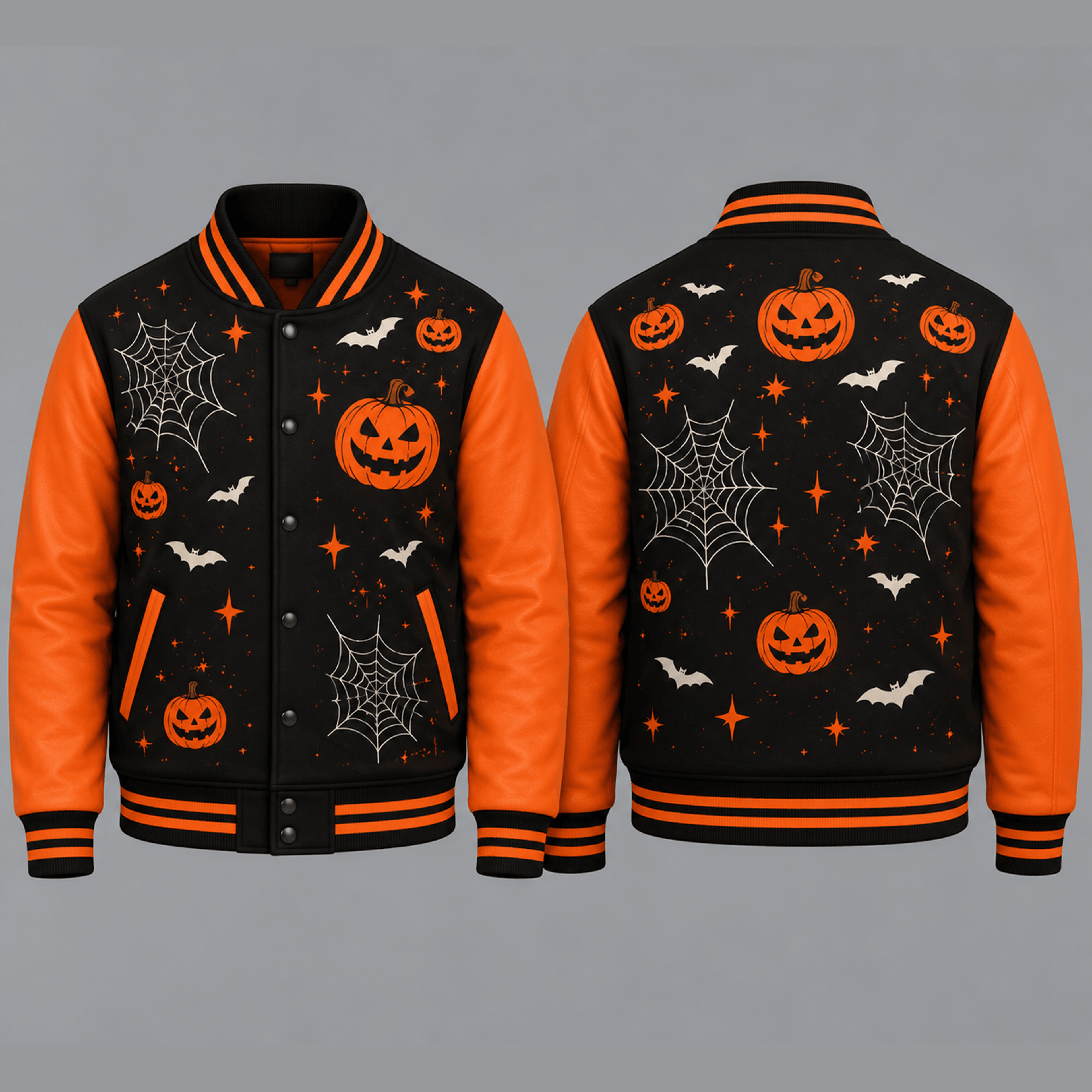 unisex halloween pumpkin spider web varsity jacket, spooky bat jack o lantern printed black orange jacket for adults