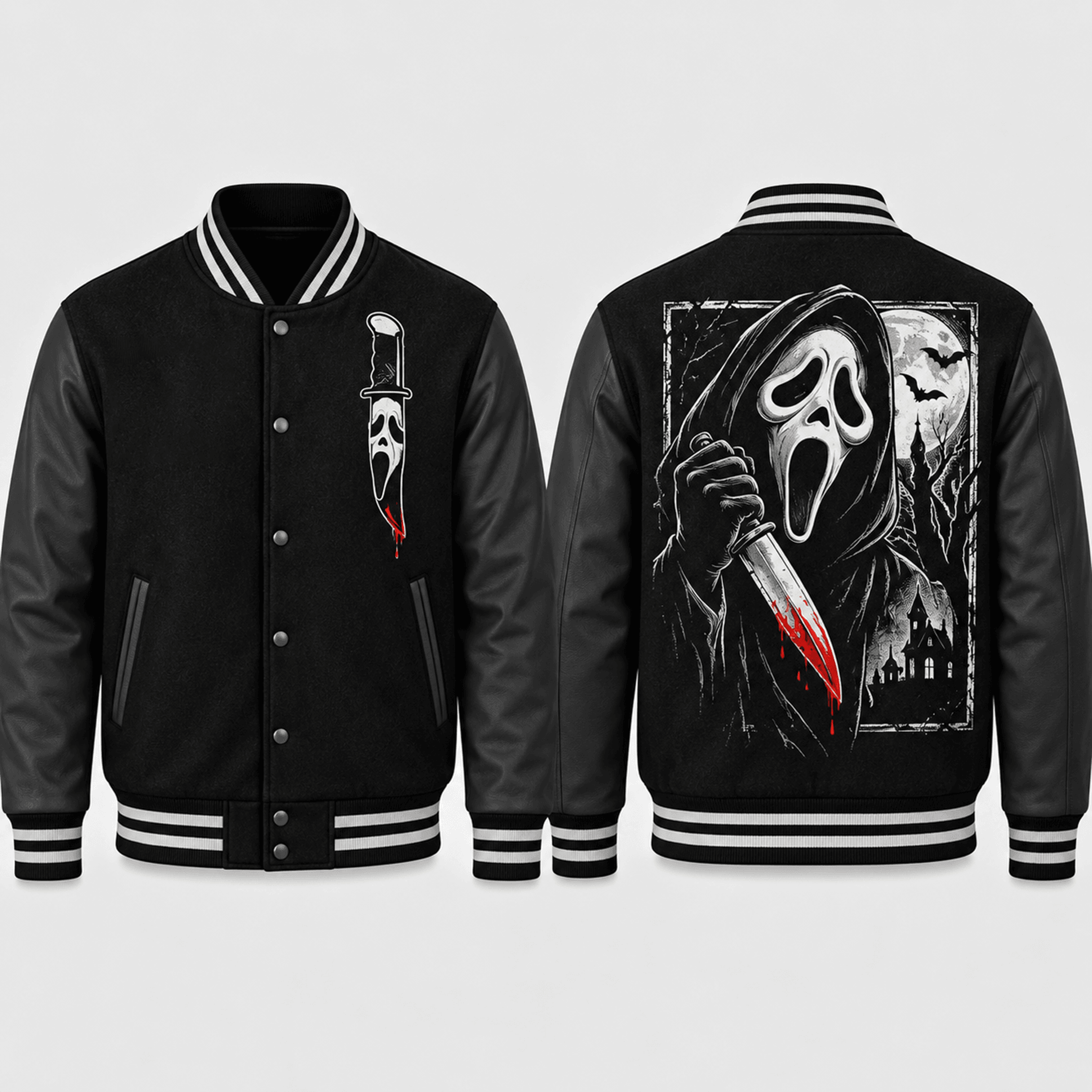 unisex halloween scream mask varsity jacket, horror knife graphic black printed jacket, spooky adult