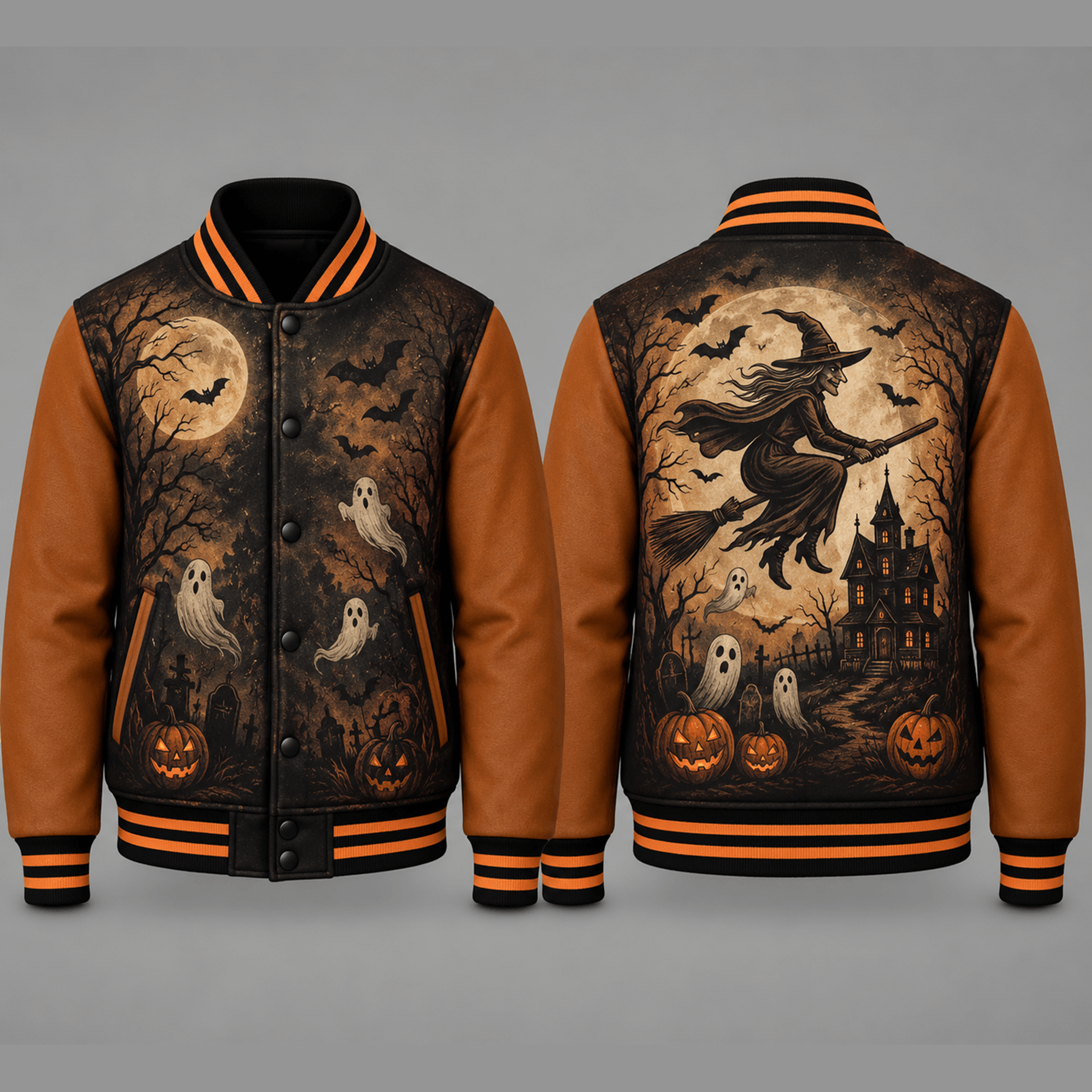 unisex halloween witch varsity jacket, flying witch ghost pumpkin haunted house full moon printed jacket for adults