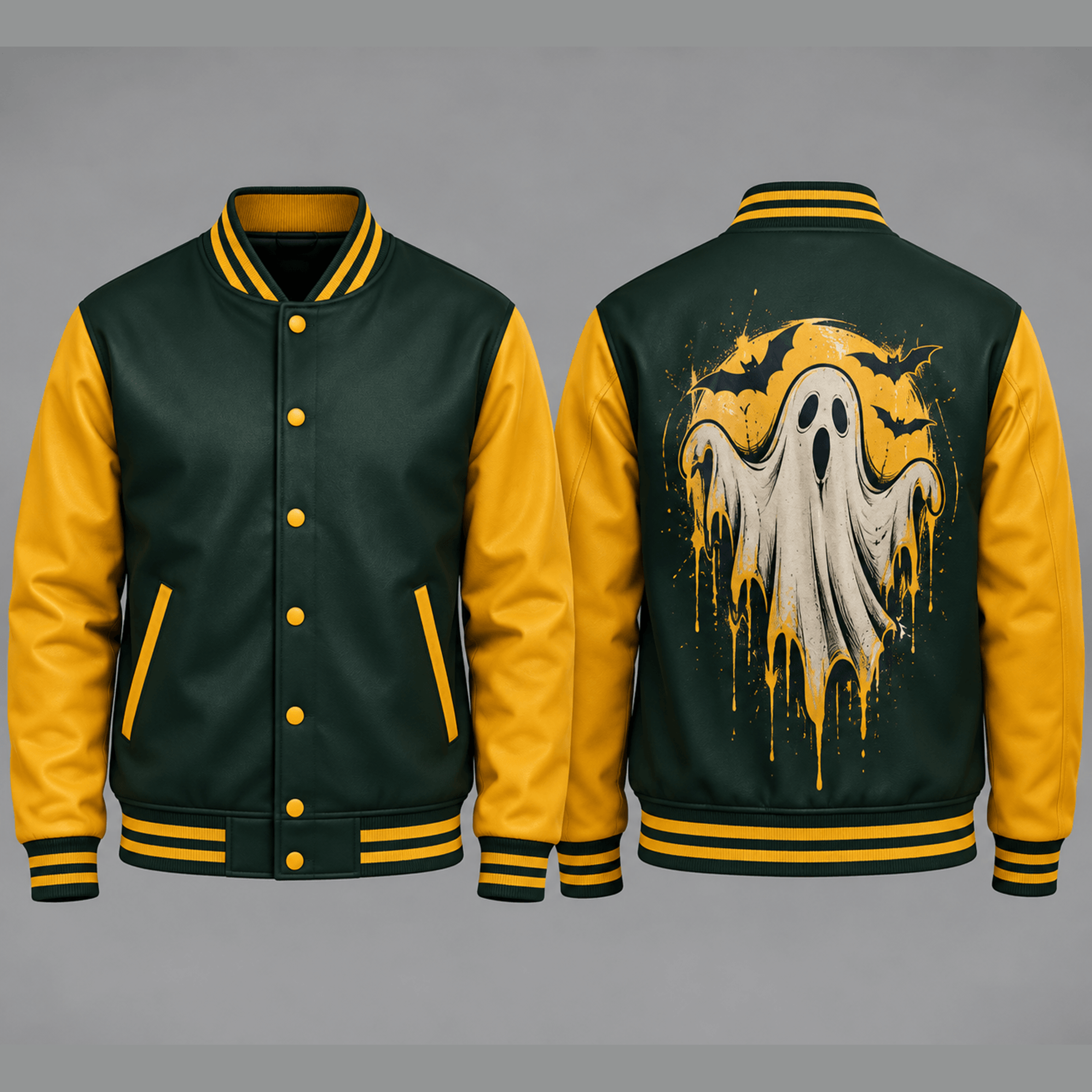 unisex halloween ghost varsity jacket, spooky flying ghost bat moon printed green yellow jacket for adults