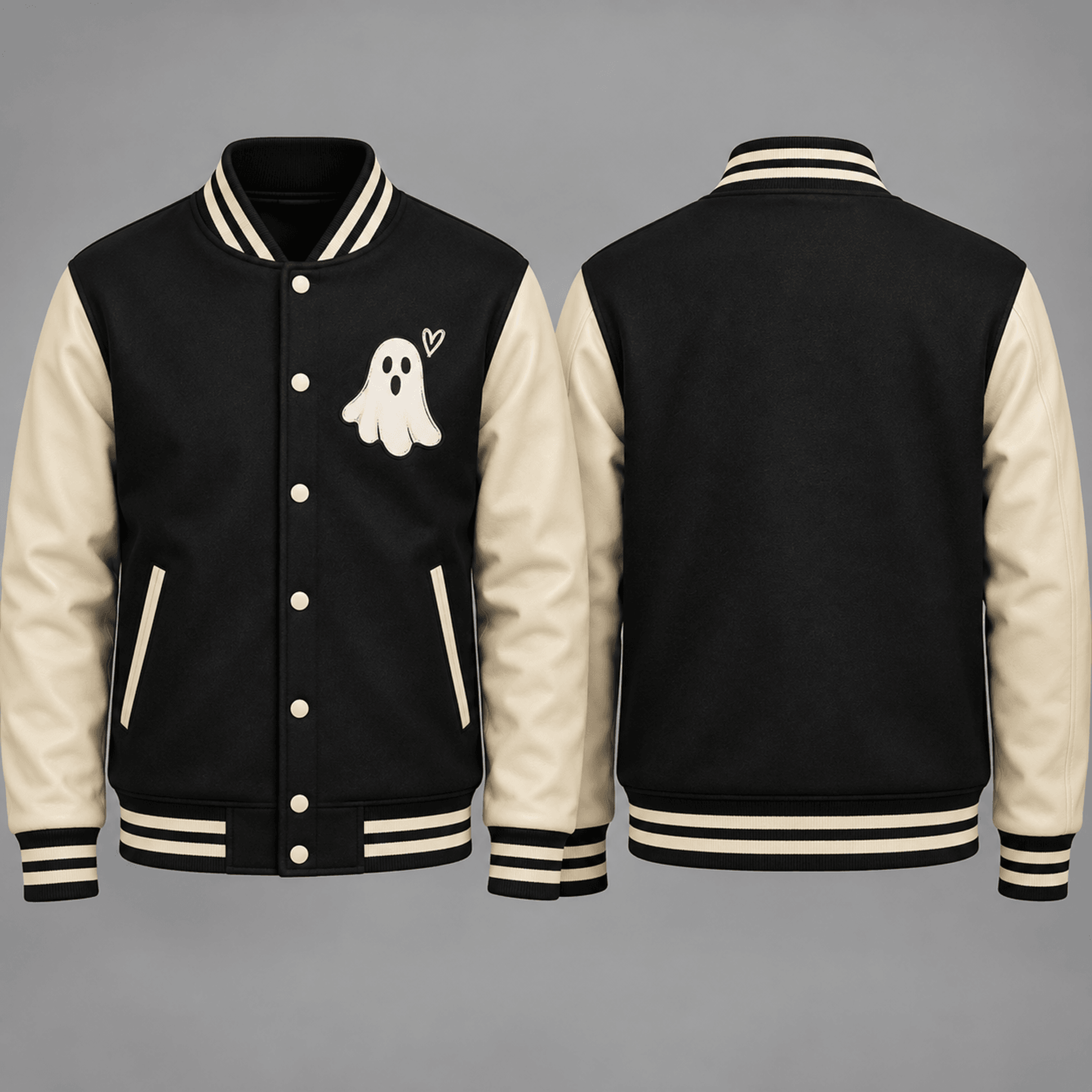 unisex cute ghost halloween varsity jacket, minimal spooky ghost printed adult jacket, black cream halloween outfit