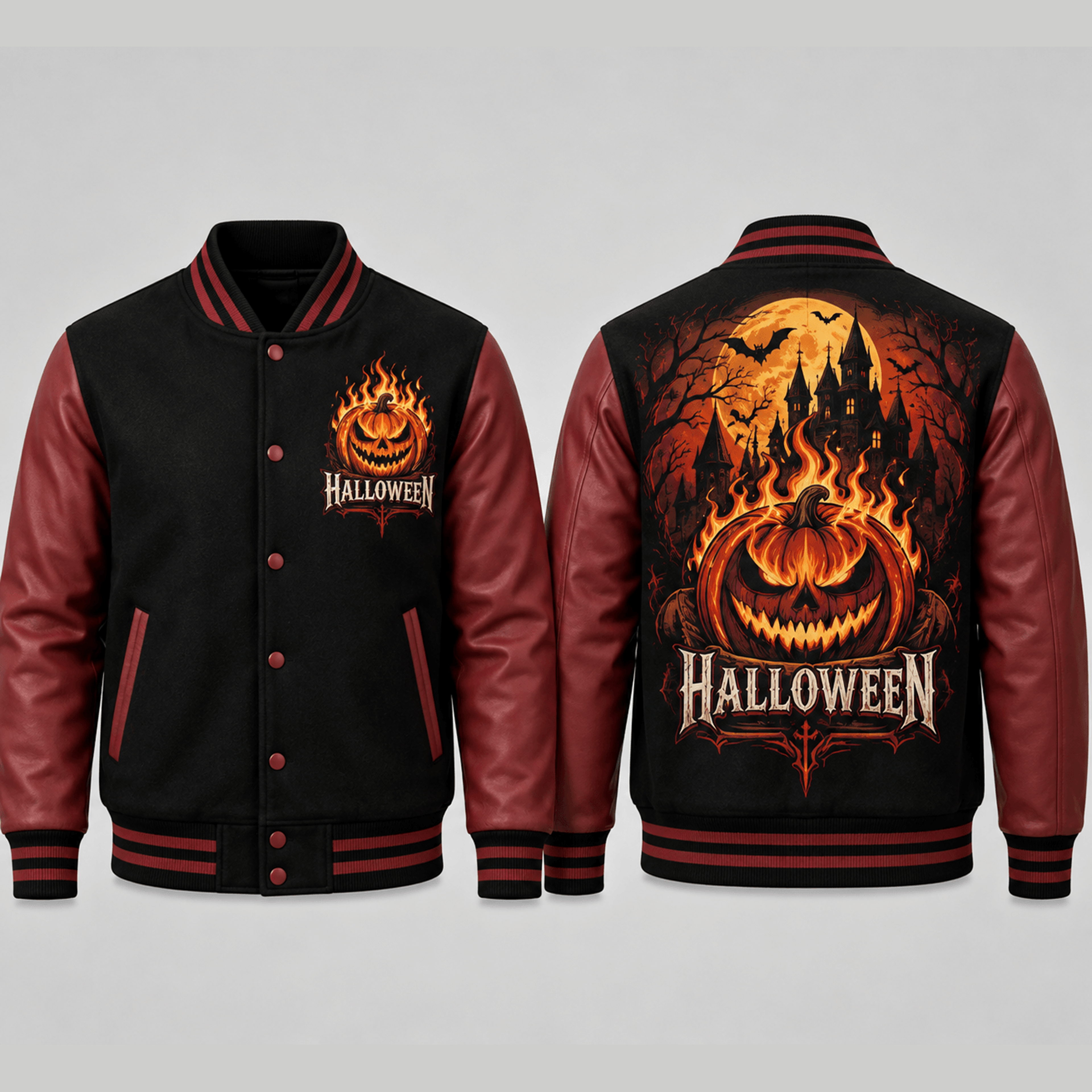 unisex flaming pumpkin halloween varsity jacket, haunted castle jack o lantern printed adult spooky jacket