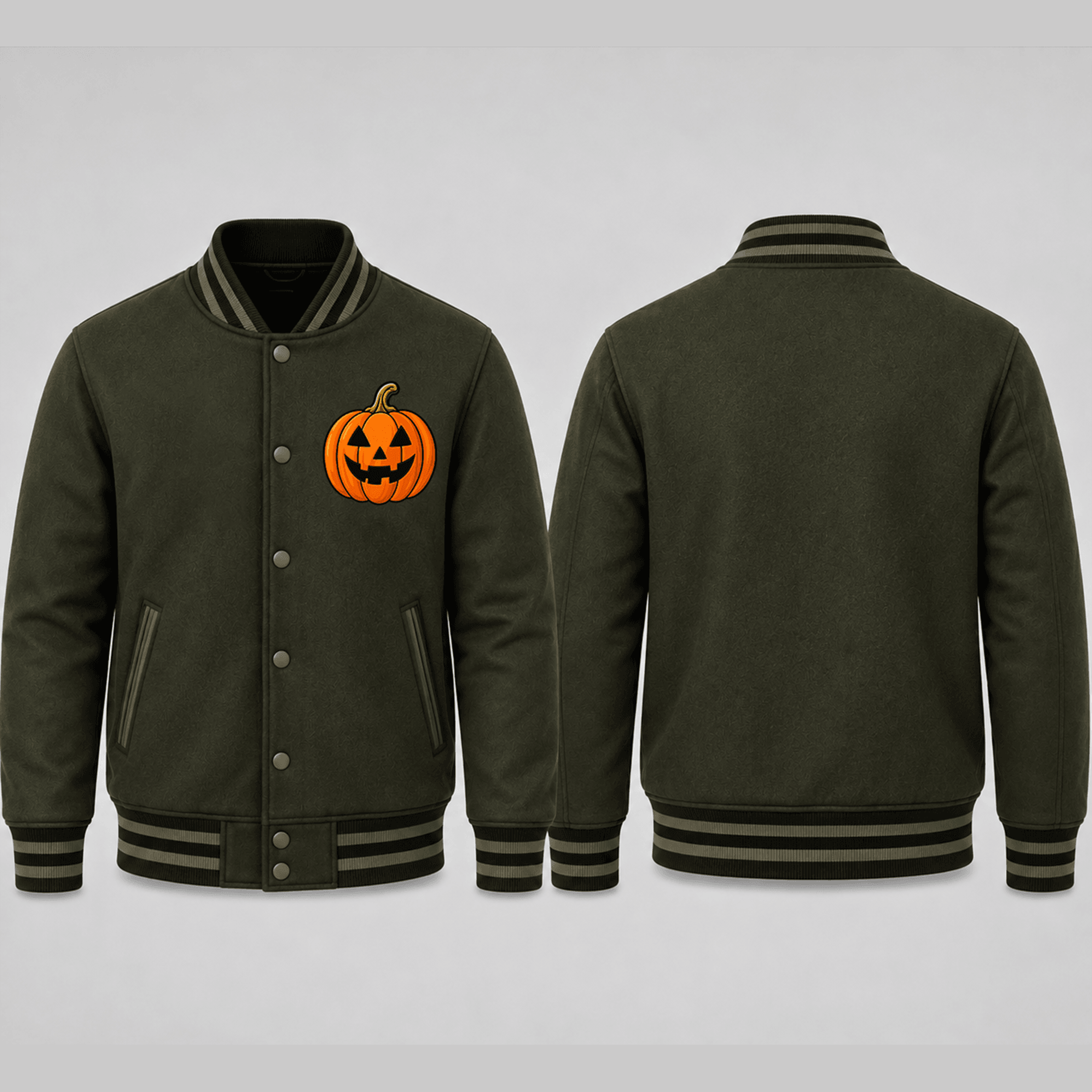 unisex jack o lantern halloween varsity jacket, minimal pumpkin printed adult olive green spooky season jacket