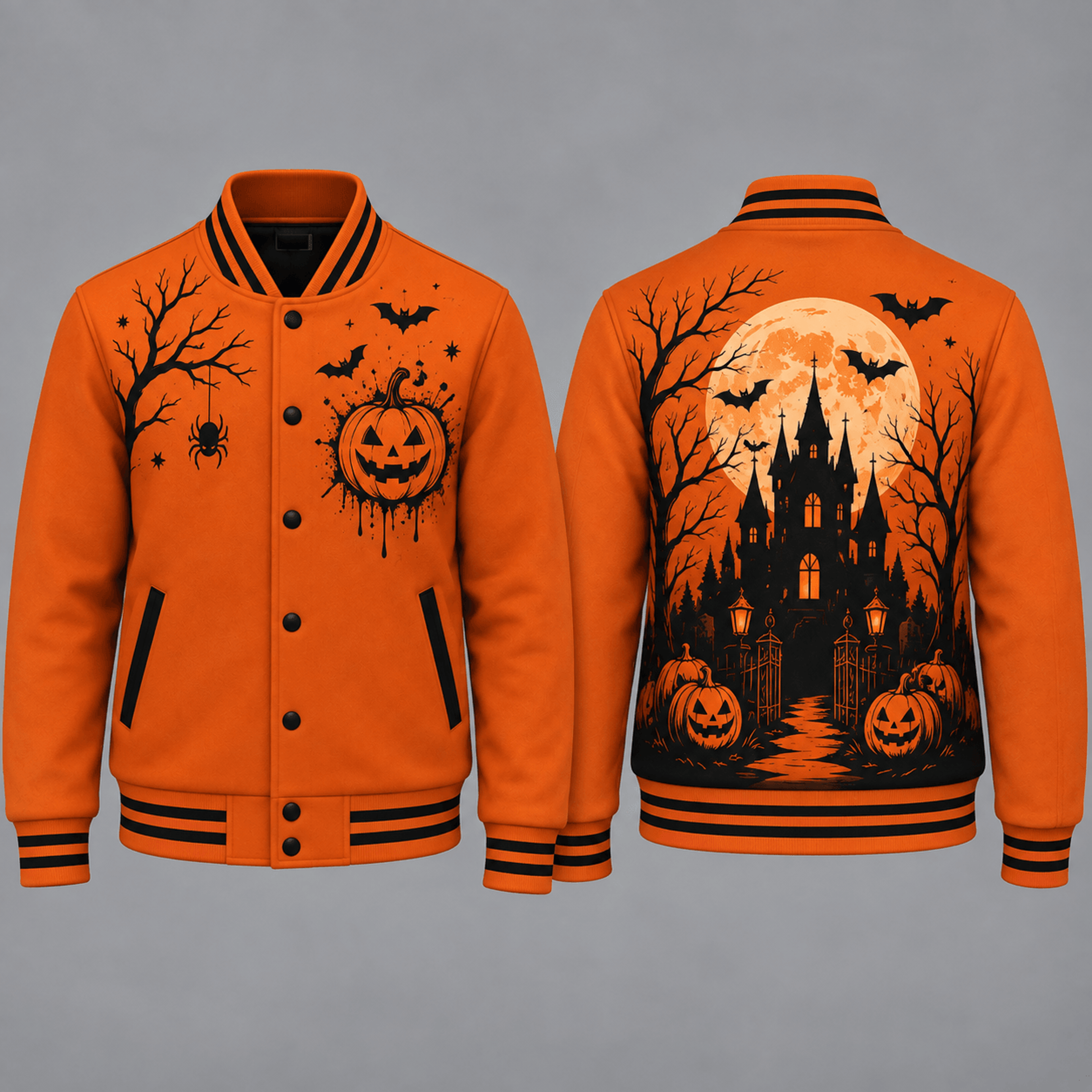 unisex halloween haunted house varsity jacket, orange pumpkin bat graphic adult spooky horror printed jacket