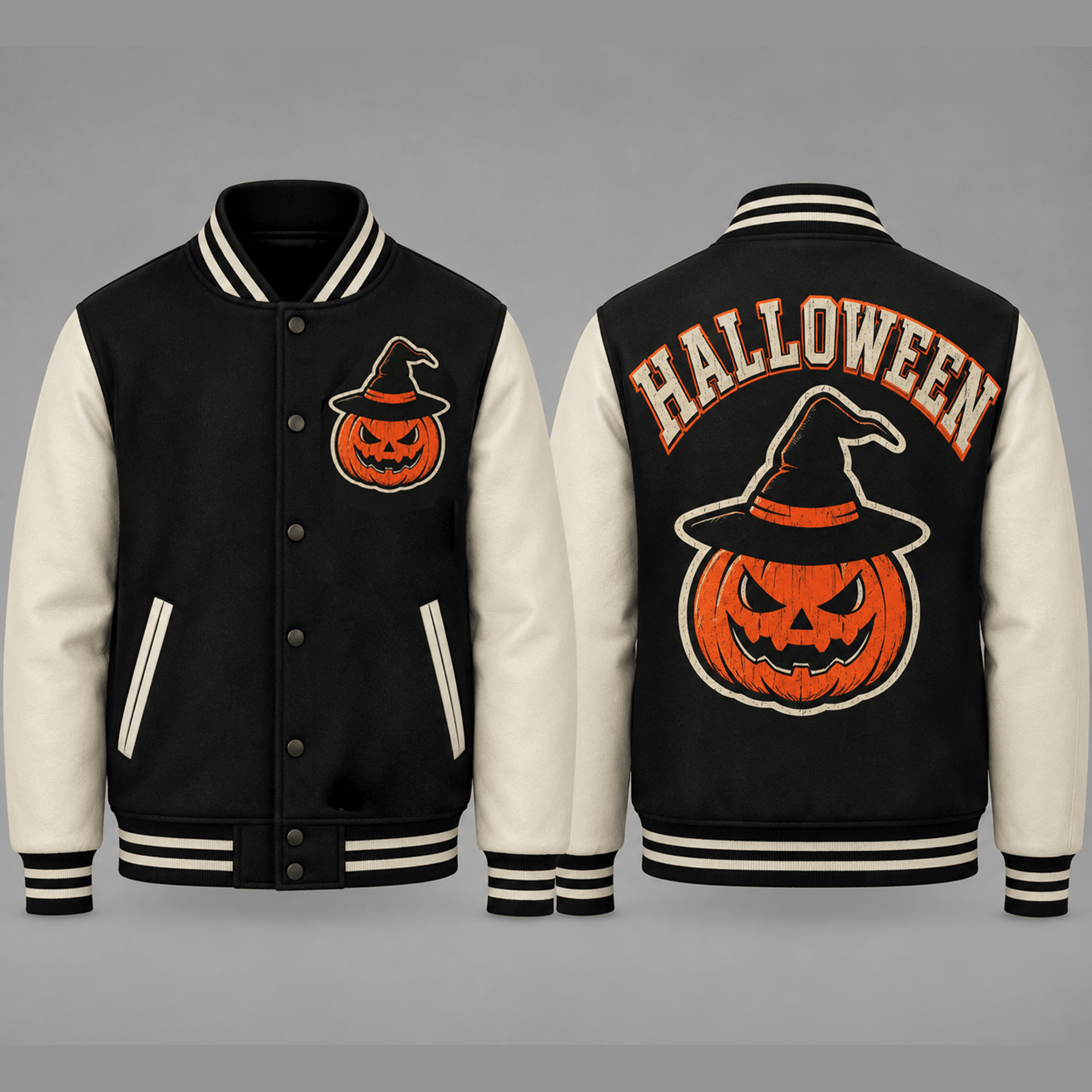 unisex halloween pumpkin varsity jacket, witch hat jack o lantern printed adult spooky black varsity jacket