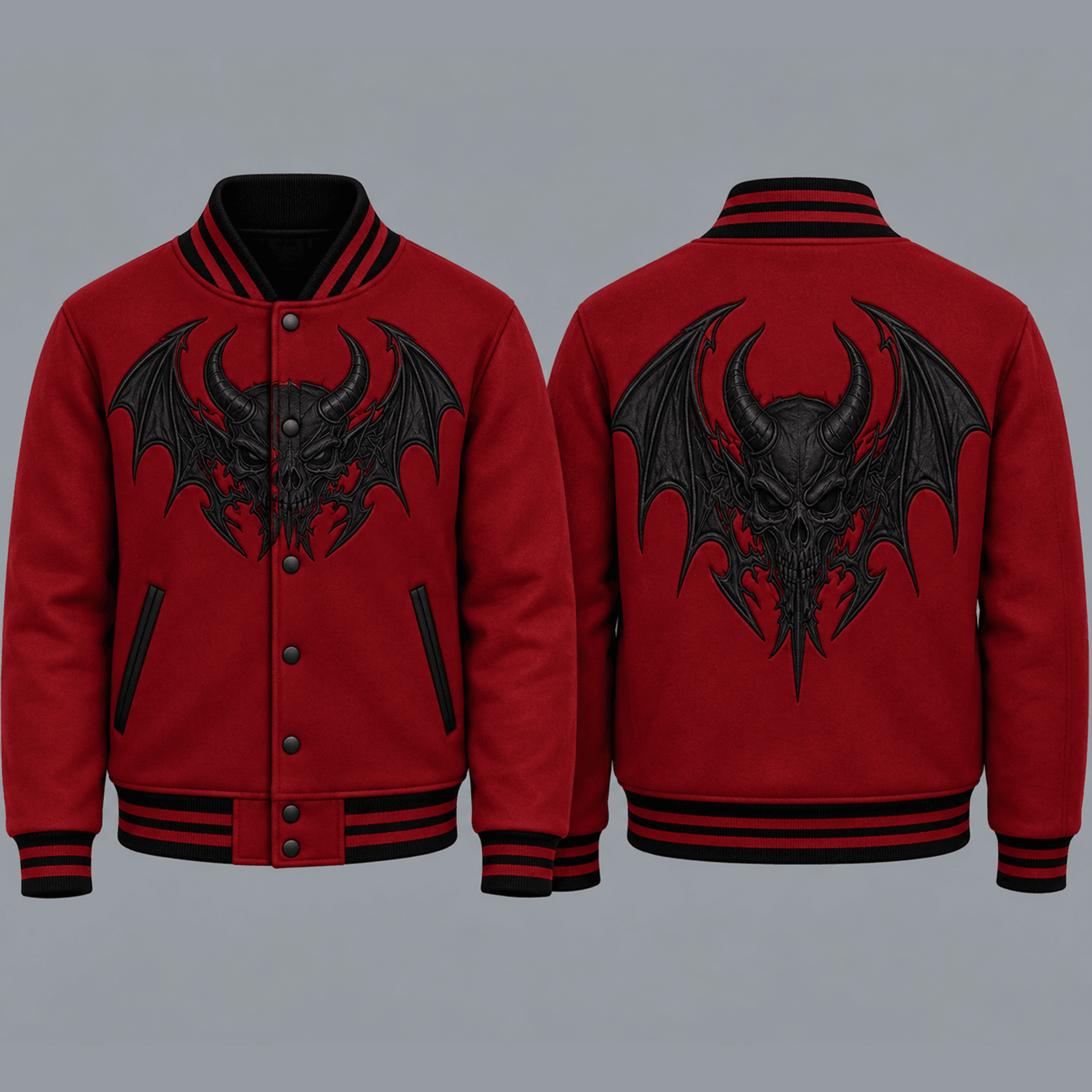 unisex demon skull varsity jacket, gothic winged devil printed adult red halloween horror jacket, dark streetwear