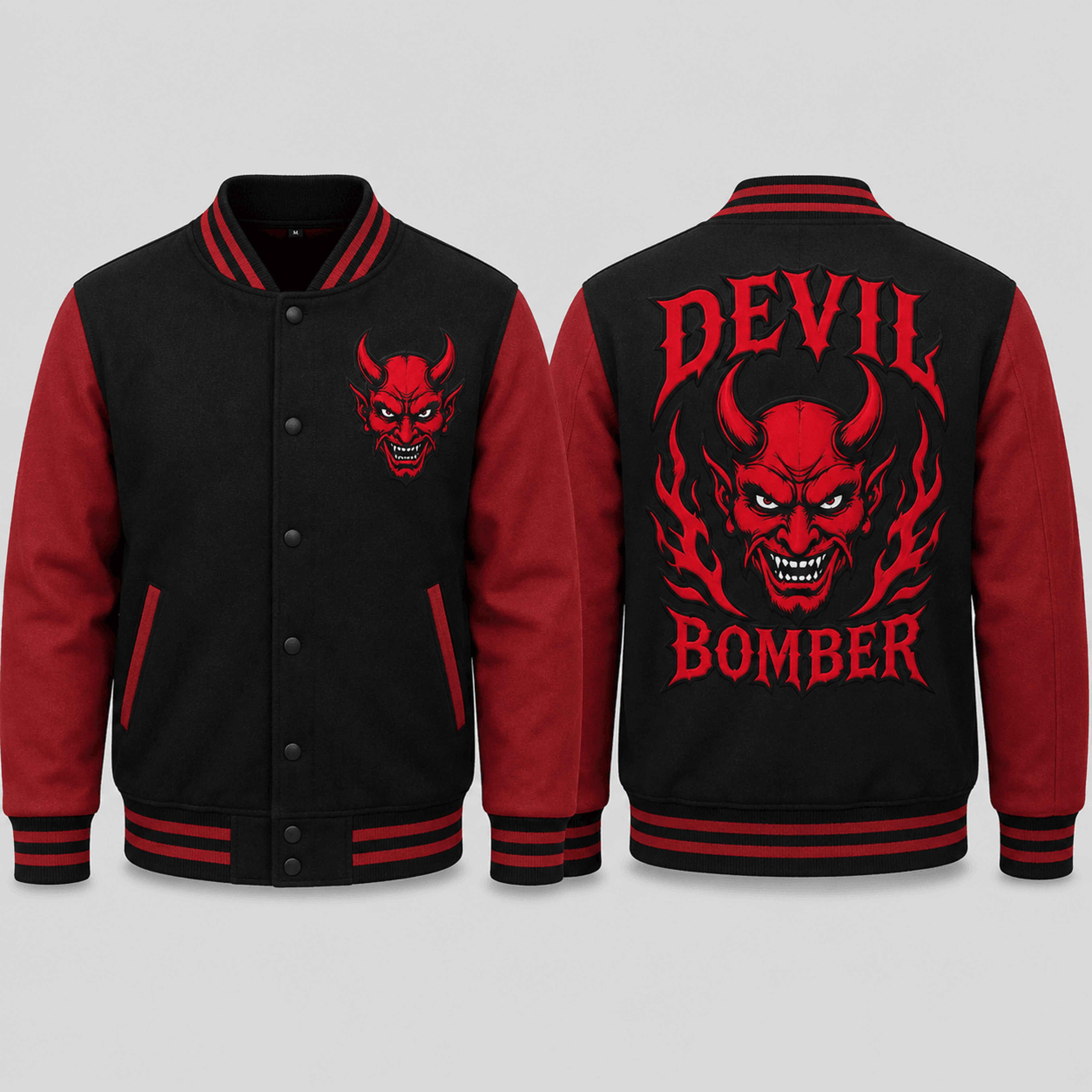 unisex halloween devil varsity jacket, red demon face printed gothic horror jacket, spooky halloween streetwear