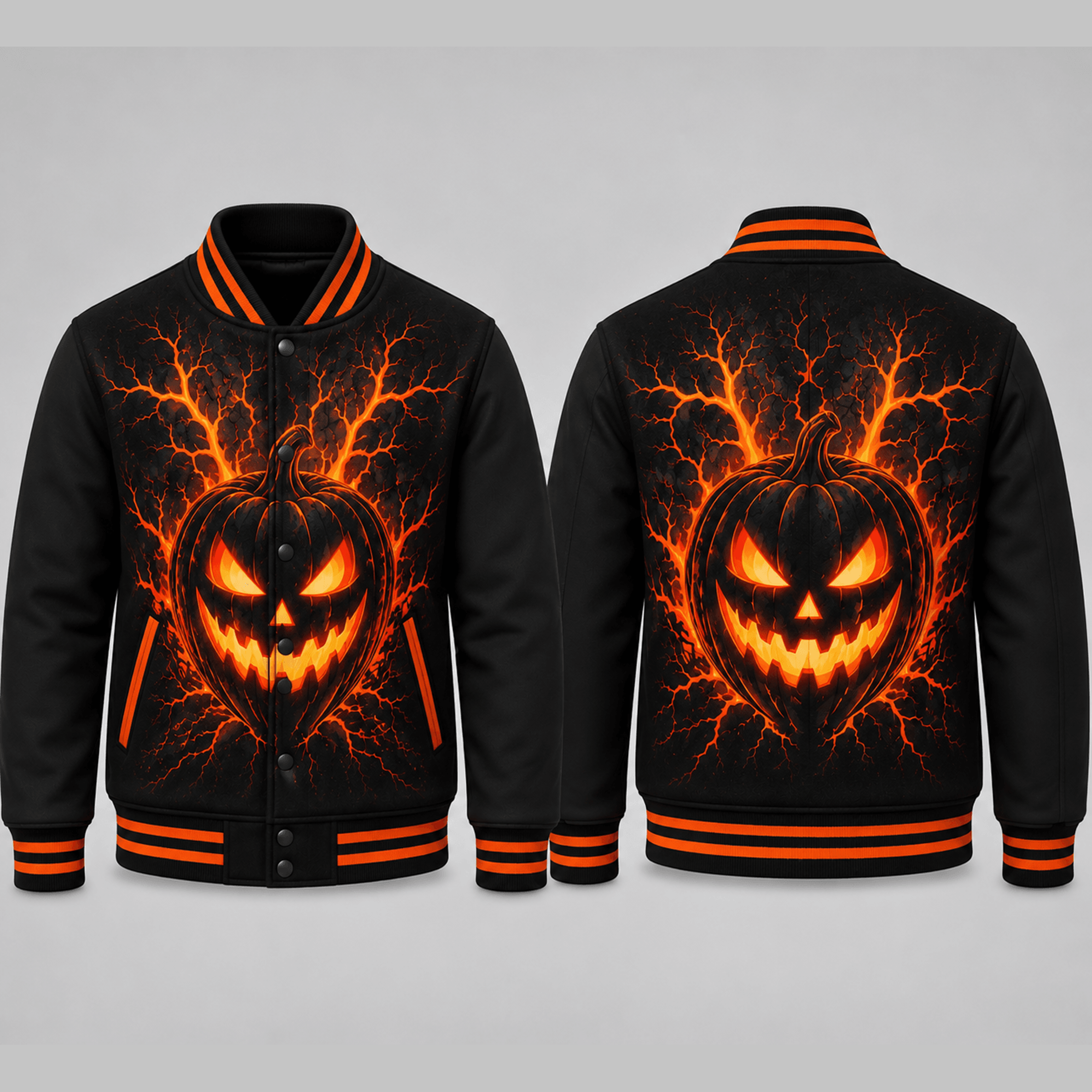 unisex halloween pumpkin varsity jacket, glowing jack o lantern printed horror jacket, spooky orange halloween outfit