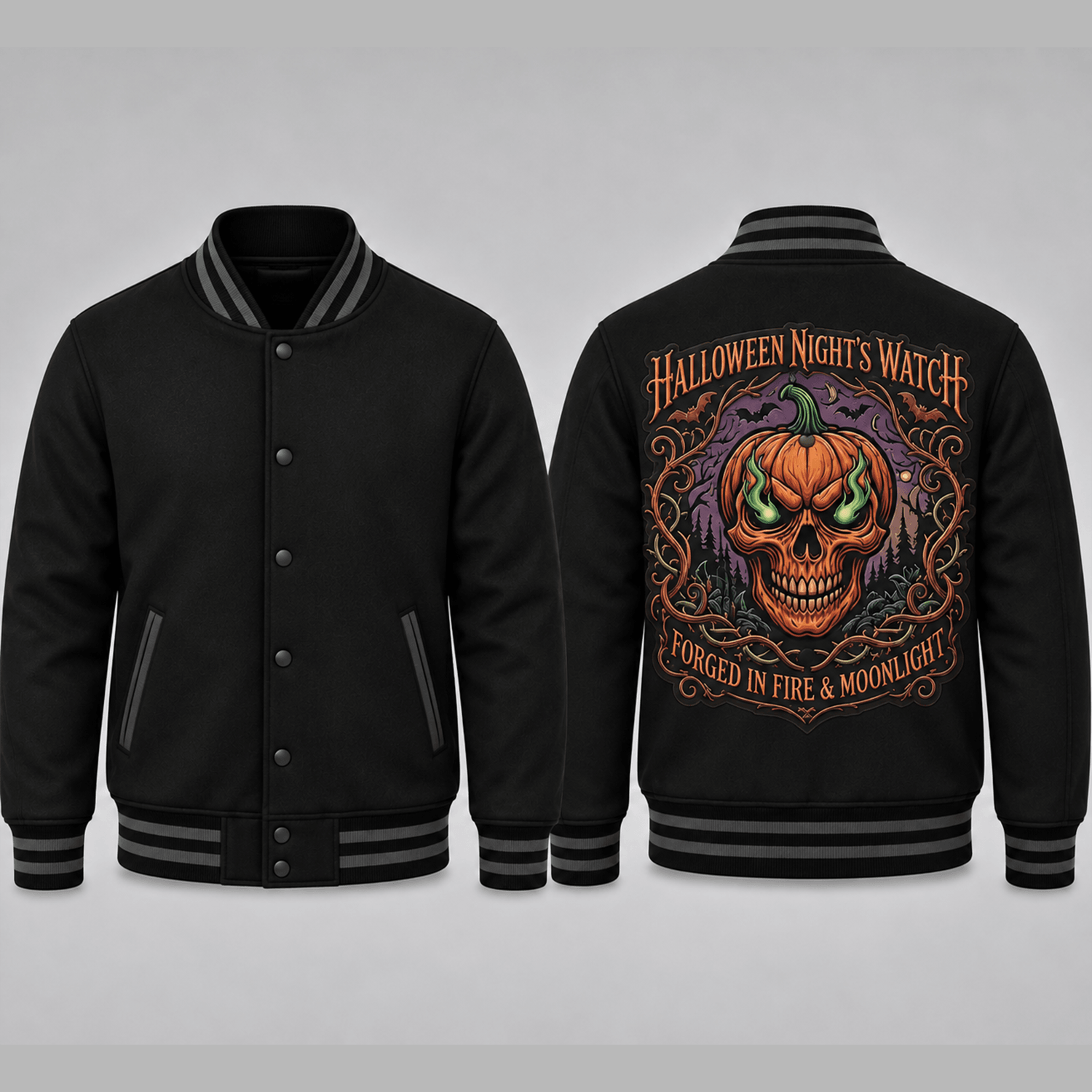 unisex halloween pumpkin skull varsity jacket, halloween night watch printed gothic horror jacket, spooky streetwear