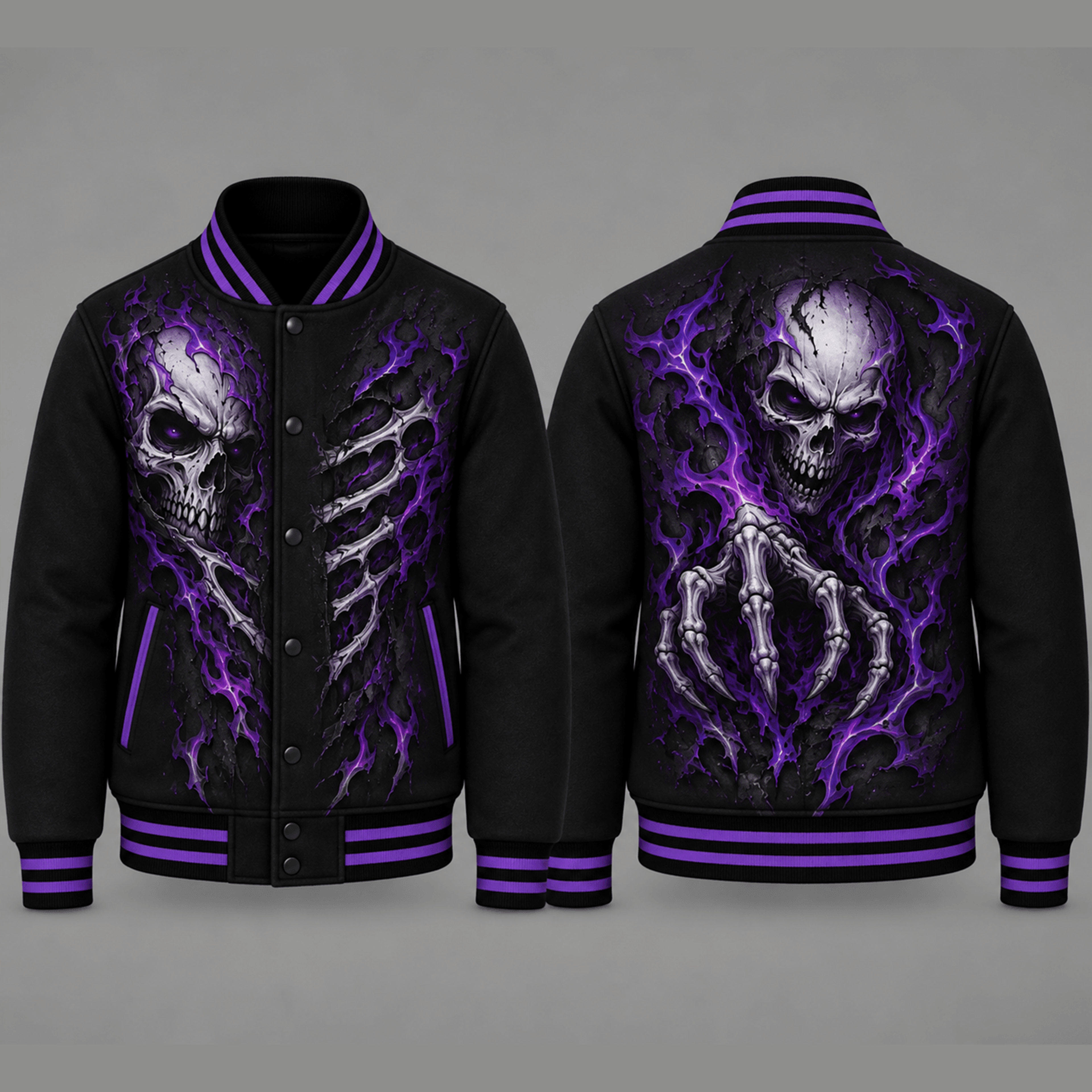 unisex halloween skull varsity jacket, purple skeleton flame printed gothic horror jacket, spooky halloween streetwear