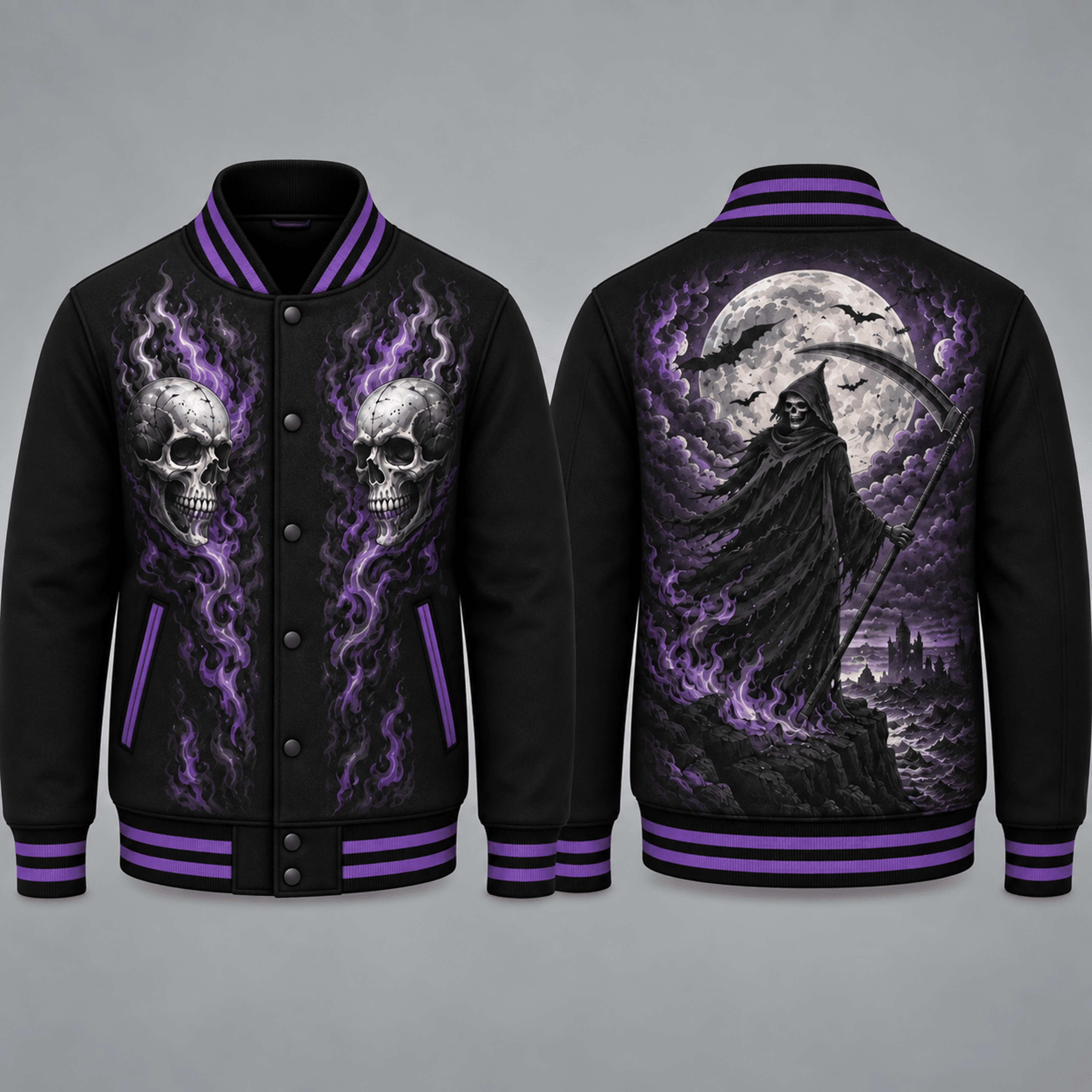 unisex halloween grim reaper varsity jacket, purple skull flame printed gothic horror jacket, spooky skeleton streetwear