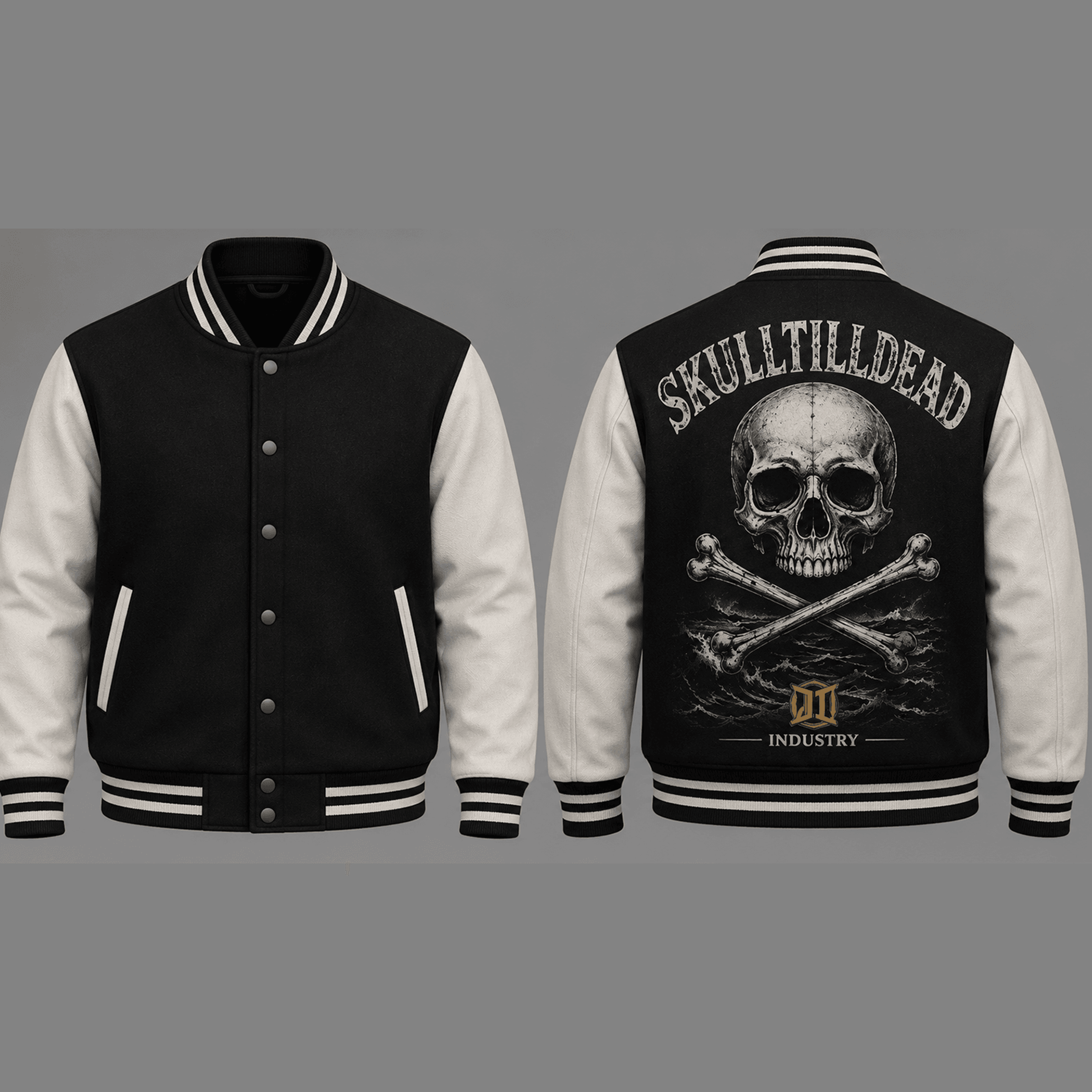 unisex halloween skull varsity jacket, skull till dead crossbones printed gothic horror jacket, spooky skeleton streetwe