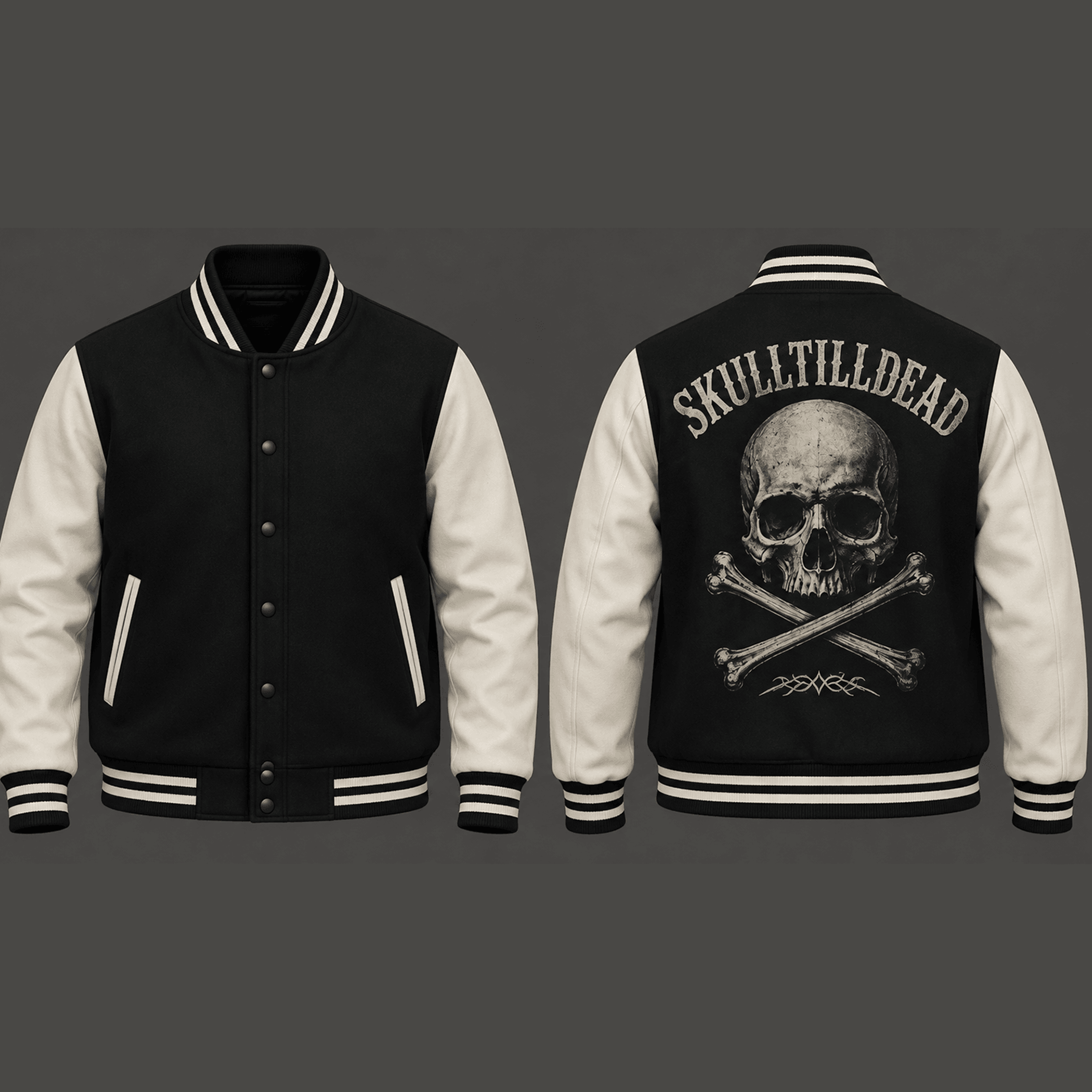 unisex halloween skull varsity jacket, skull till dead crossbones printed gothic horror jacket, spooky skull streetwear
