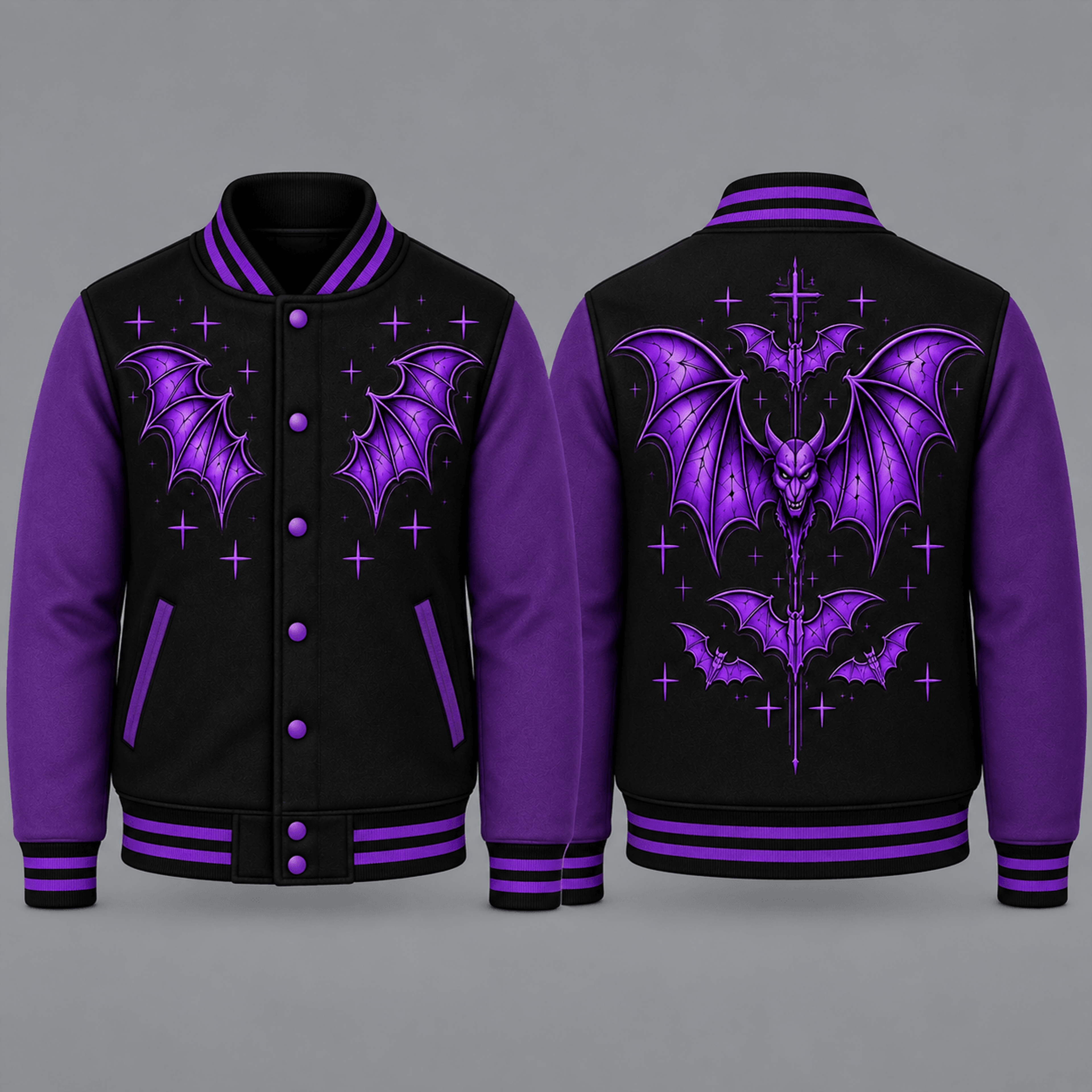unisex halloween bat varsity jacket, purple gothic vampire bat printed jacket, spooky horror alternative streetwear