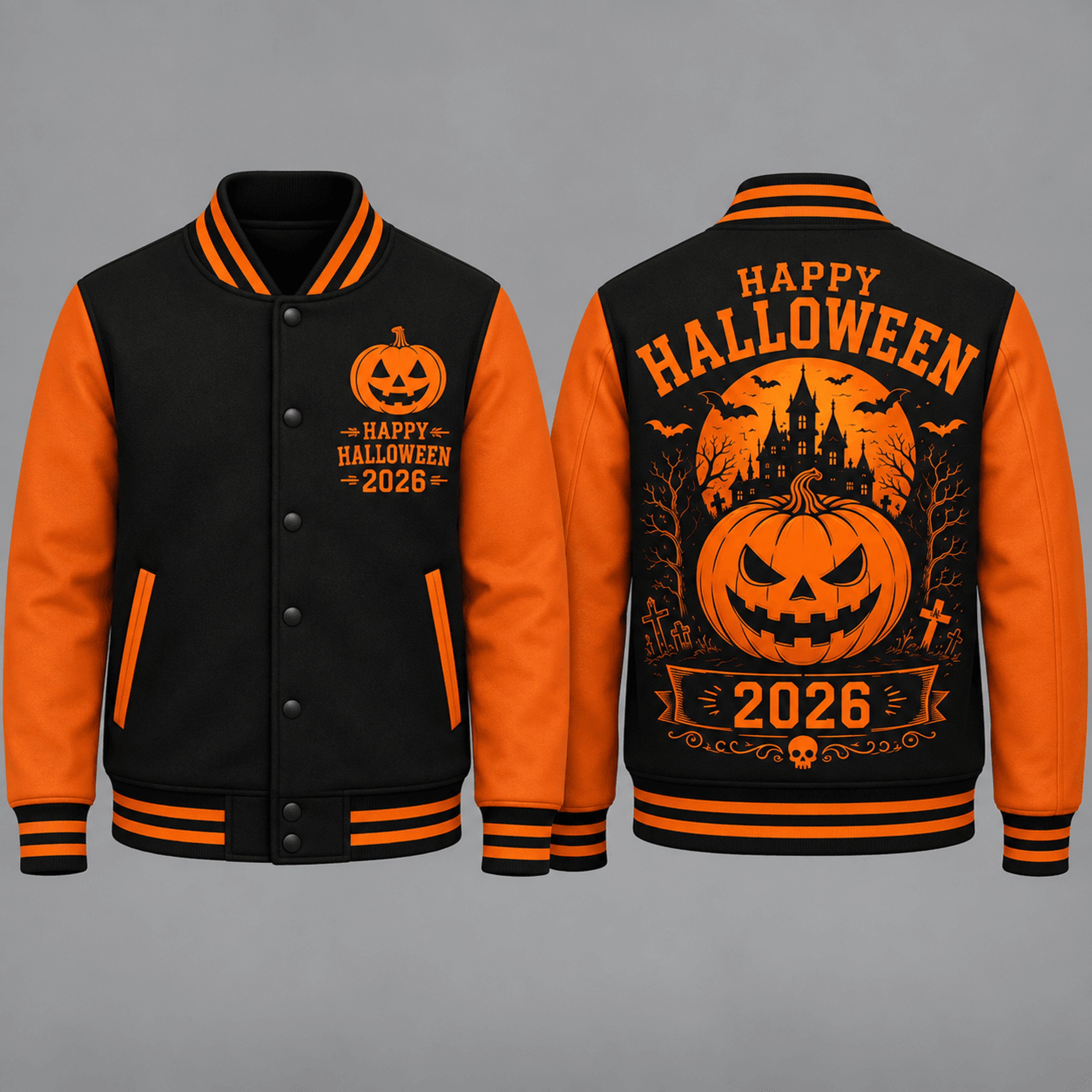 unisex halloween 2026 varsity jacket, happy halloween pumpkin printed jacket, spooky jack o lantern haunted house