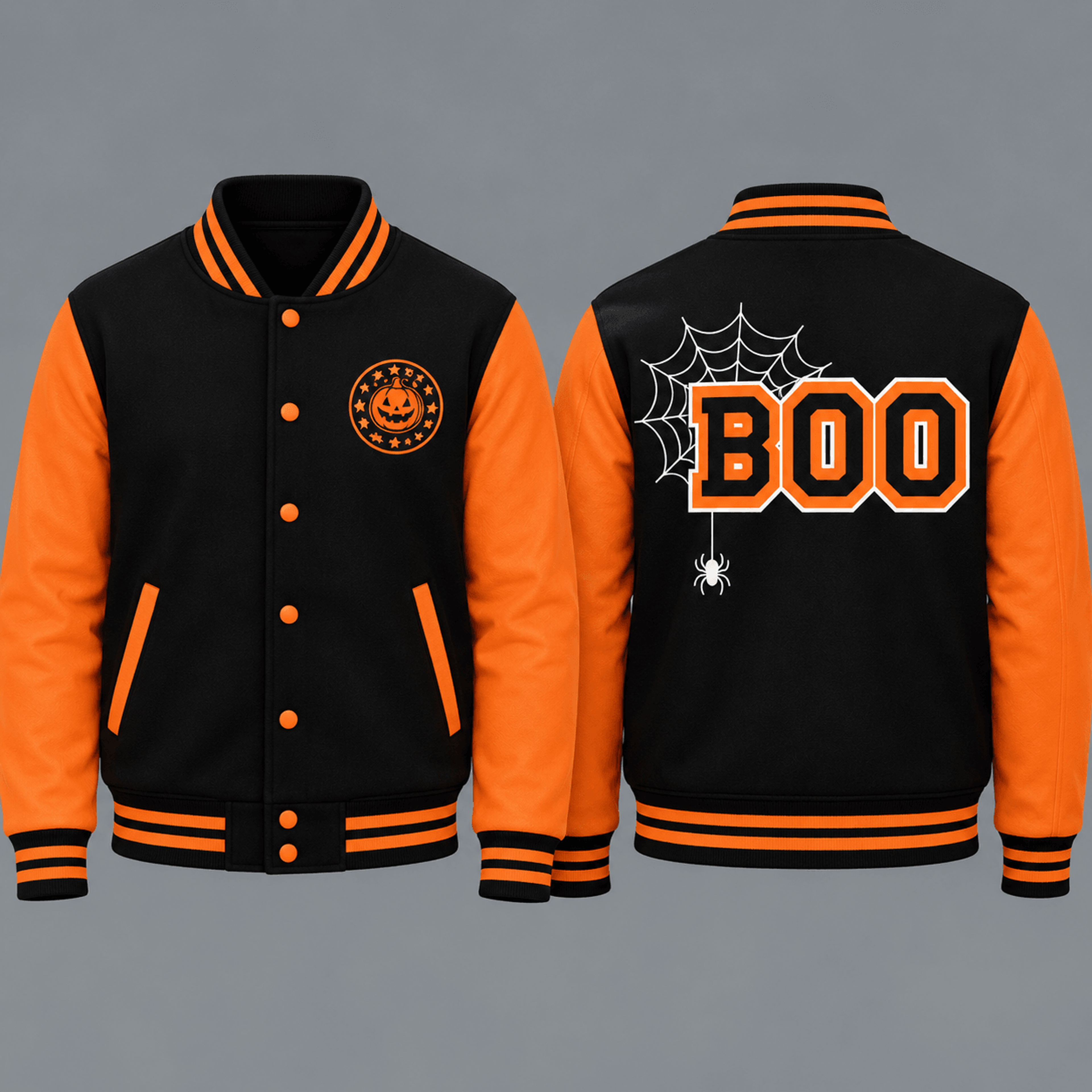 unisex halloween boo varsity jacket, pumpkin spider web printed jacket, spooky orange black halloween streetwear