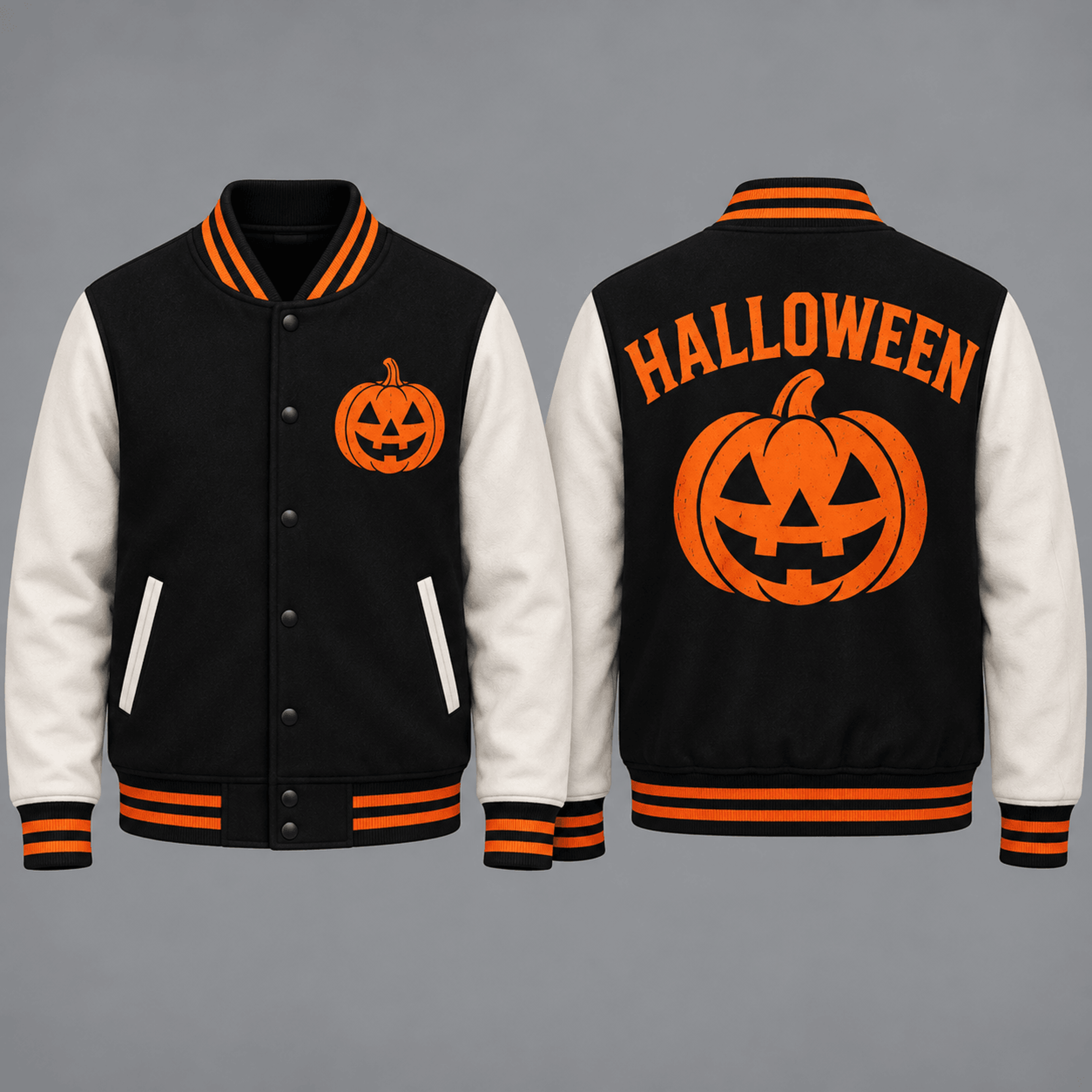 unisex halloween pumpkin varsity jacket, jack o lantern printed jacket, spooky black white orange fall streetwear