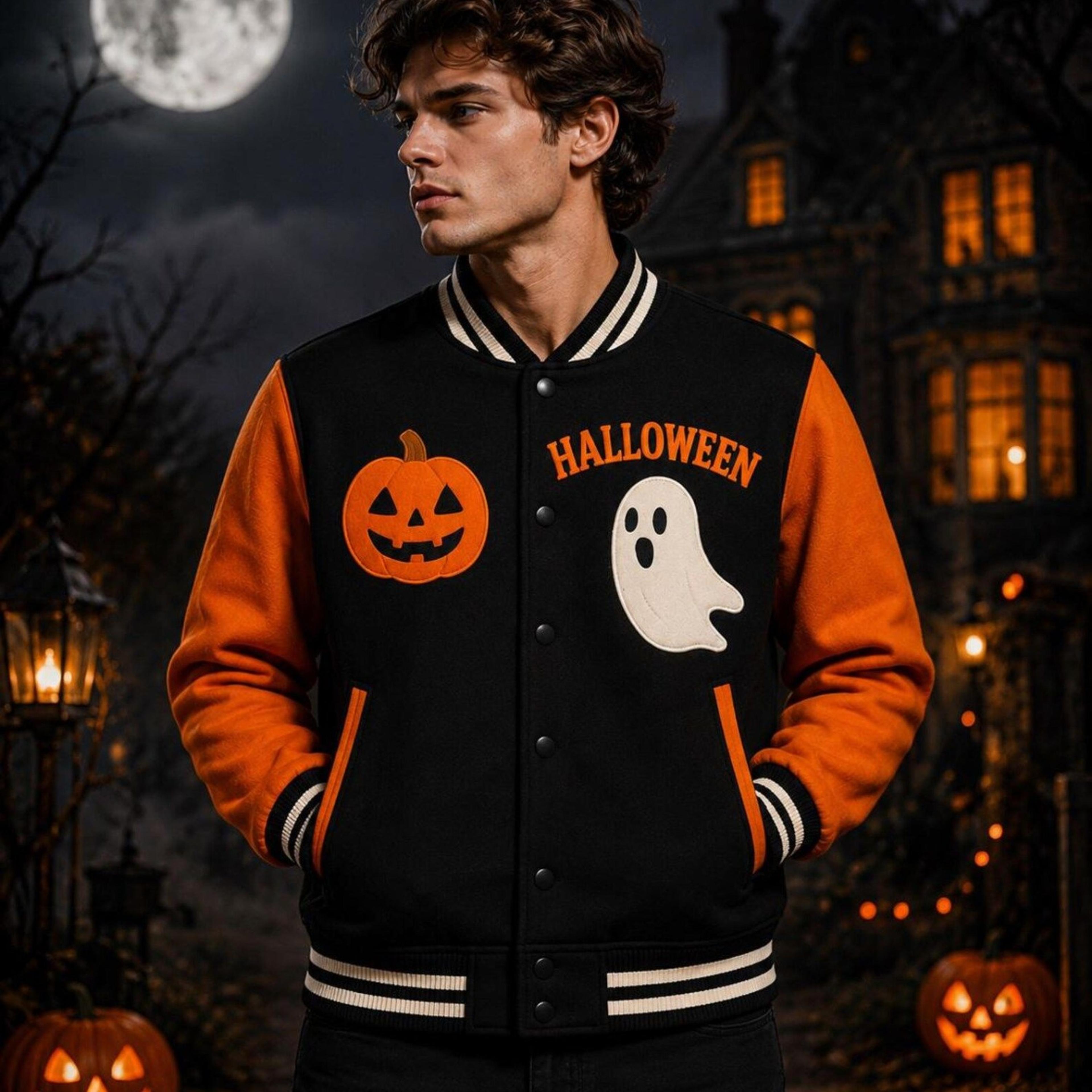 unisex halloween varsity jacket, pumpkin ghost printed jacket, spooky black orange halloween costume streetwear