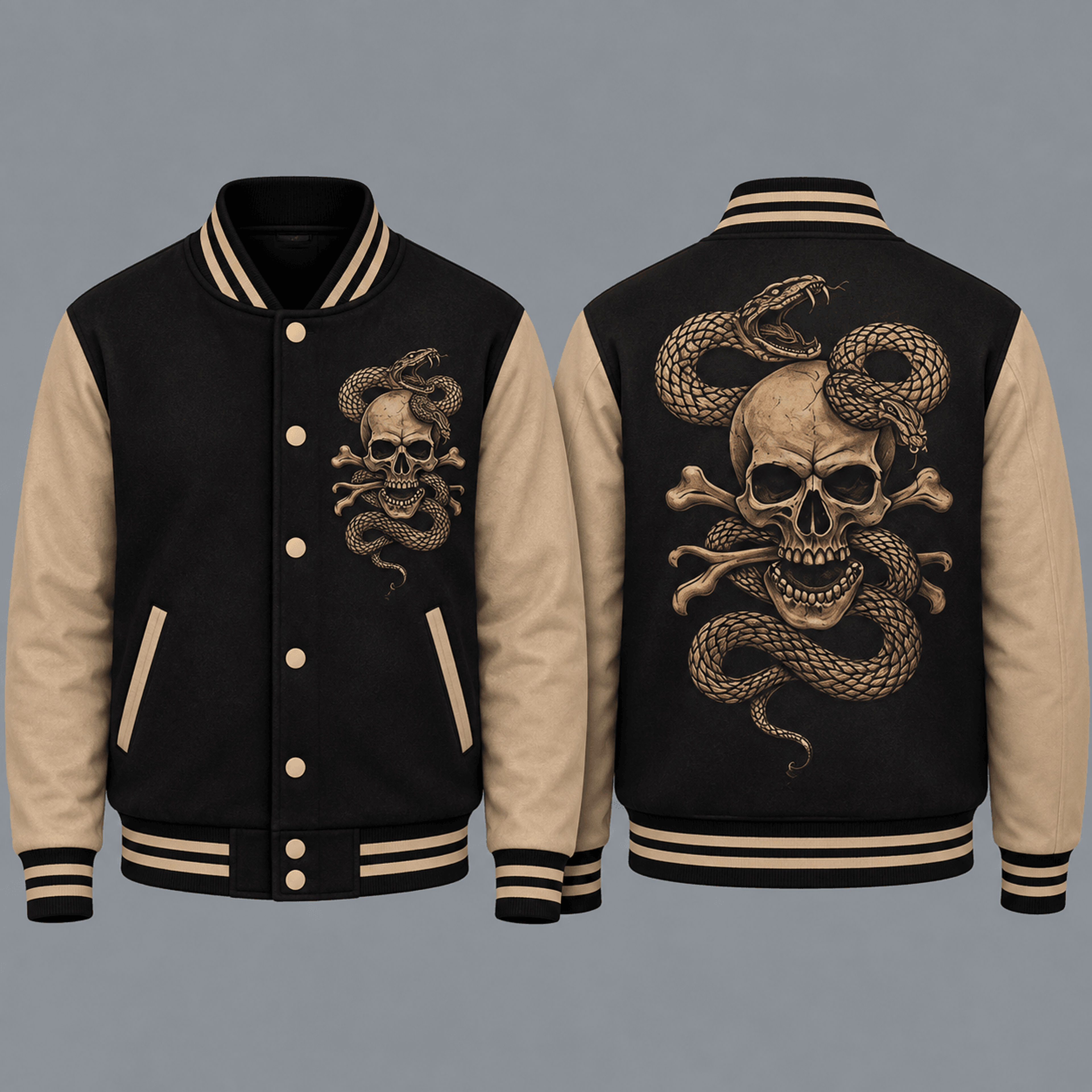 unisex skull snake varsity jacket, gothic skull crossbones printed jacket, dark halloween horror streetwear