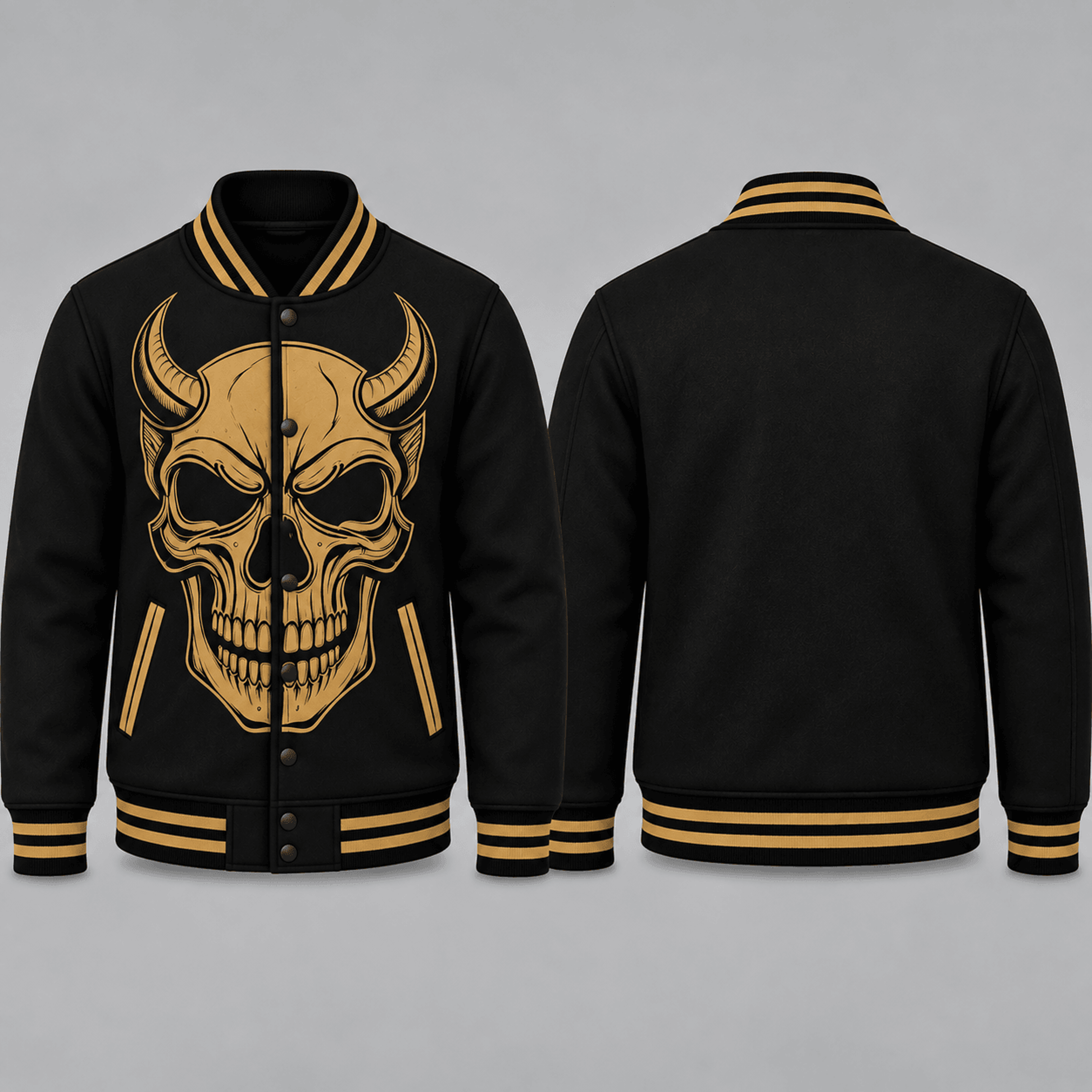 halloween devil skull unisex varsity jacket, horned demon skull printed jacket, gothic horror halloween streetwear