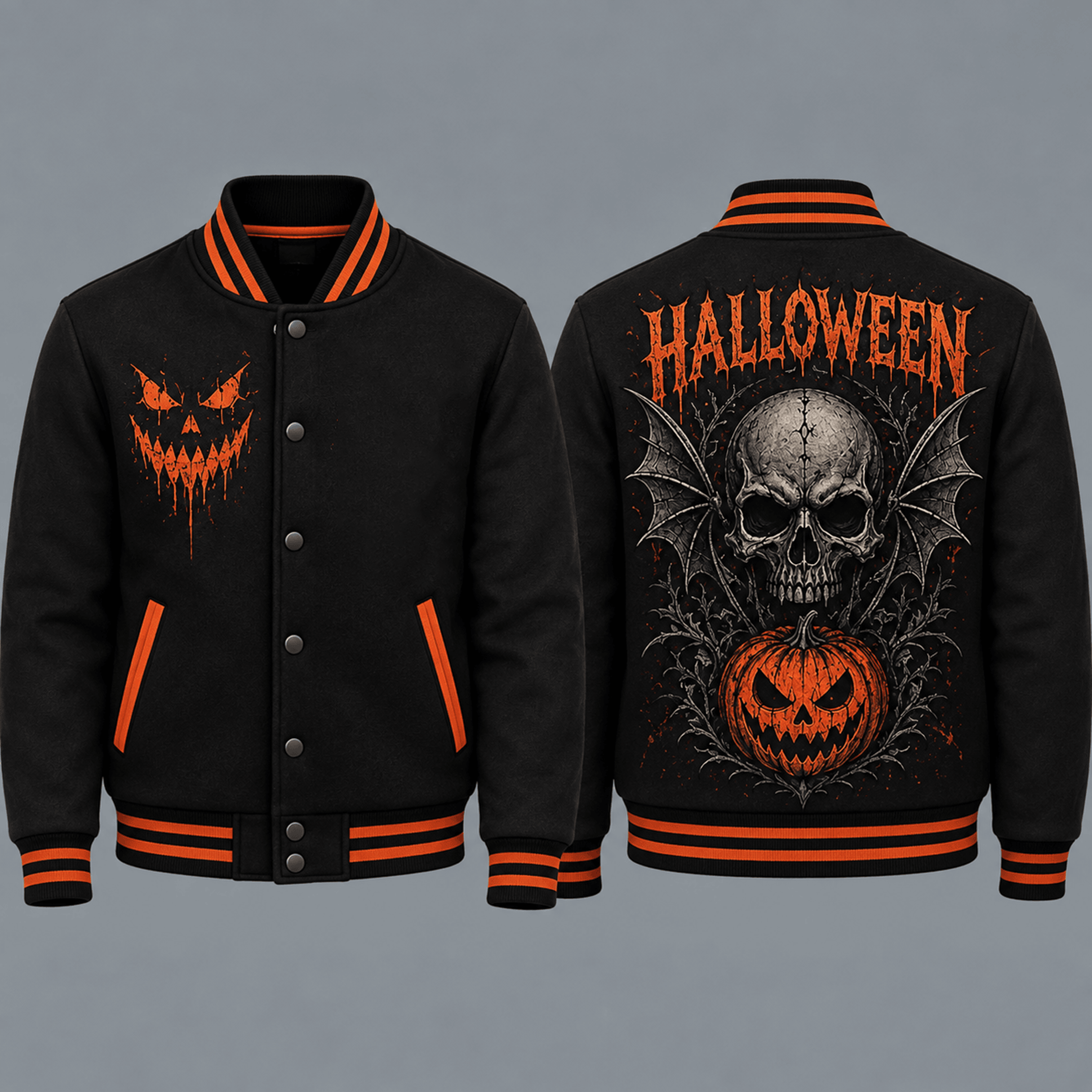 halloween skull bat unisex varsity jacket, scary pumpkin printed jacket, gothic horror spooky halloween streetwear