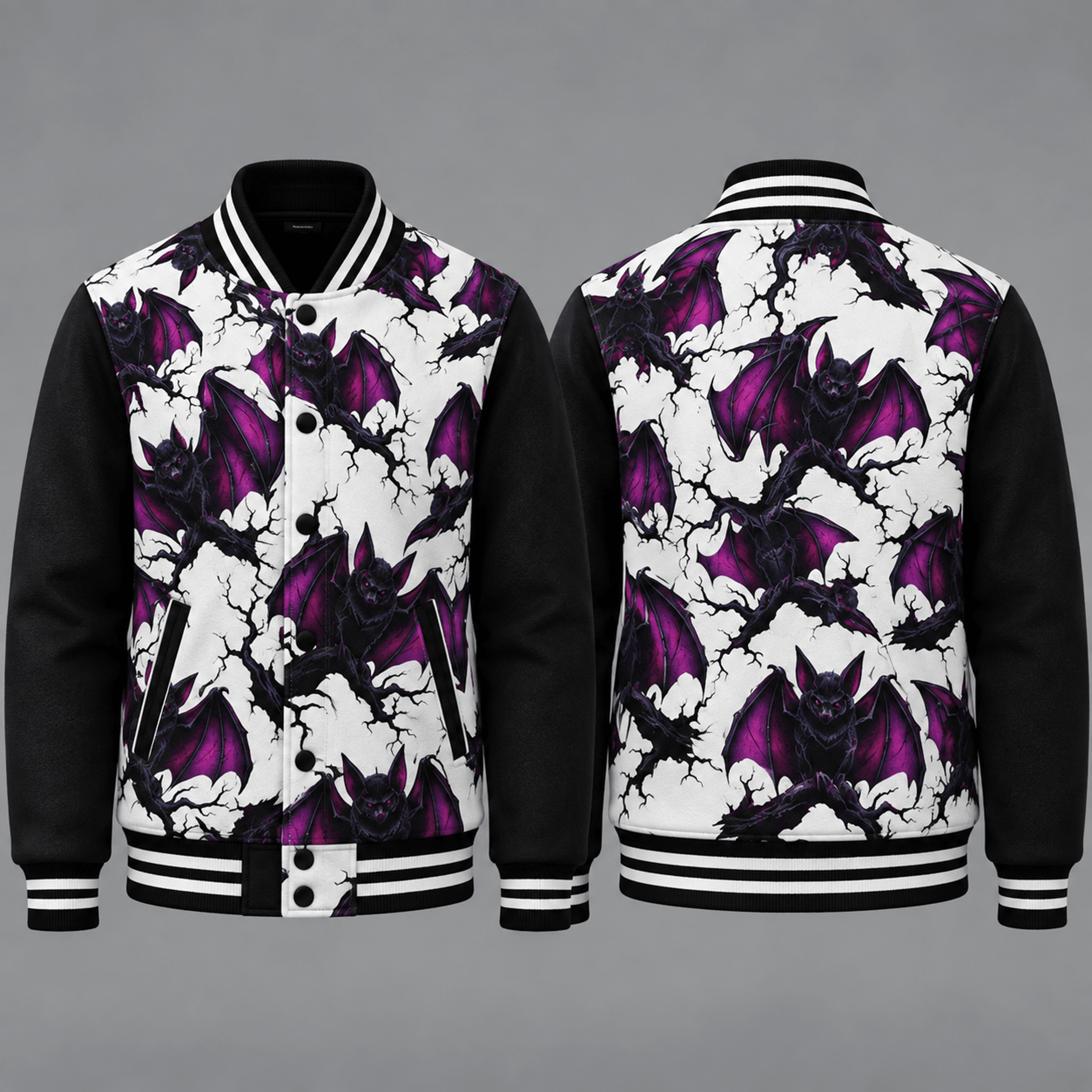 halloween purple bat unisex varsity jacket, gothic vampire bat printed jacket, spooky horror halloween outfit