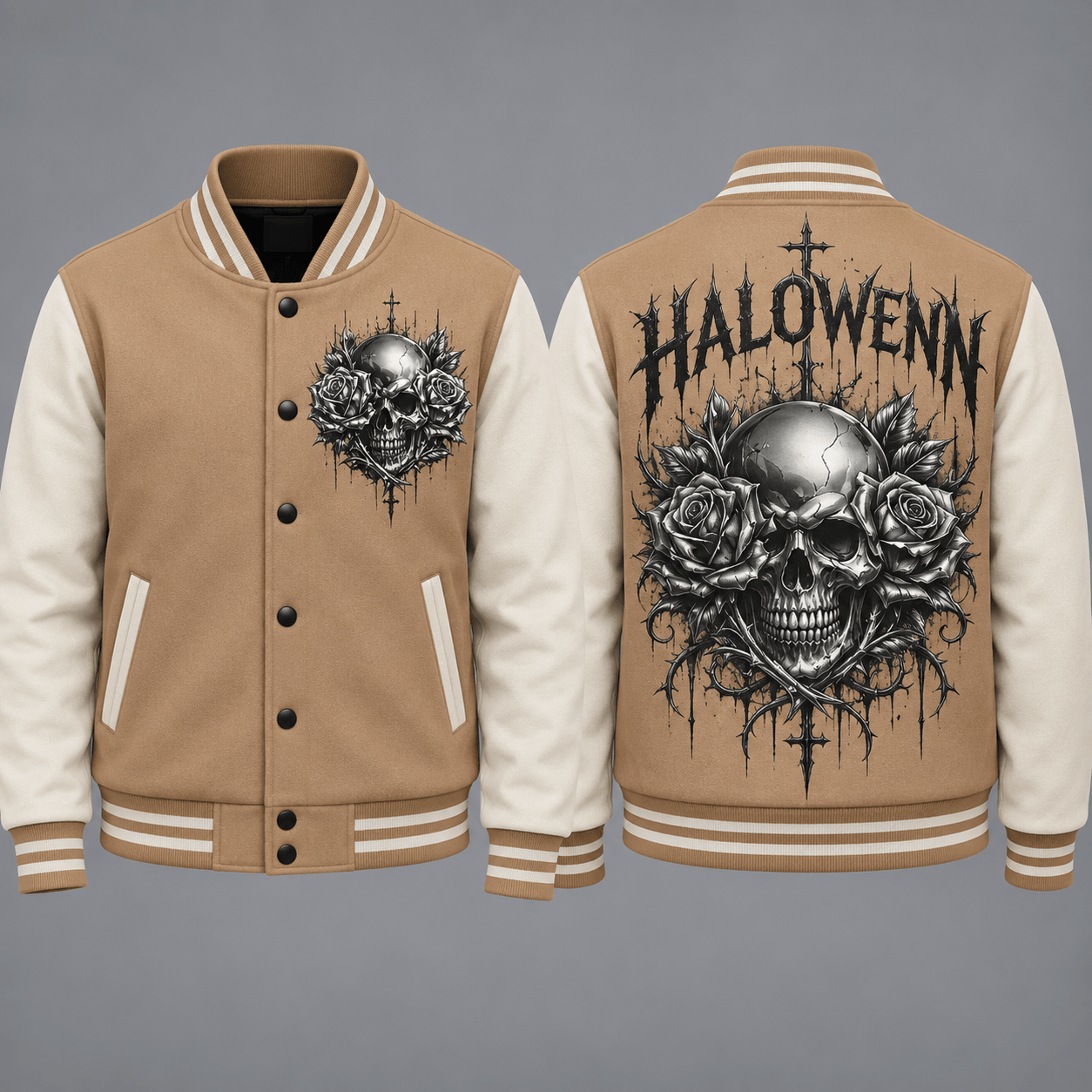 halloween skull rose unisex varsity jacket, gothic floral skull printed jacket, spooky horror halloween outfit