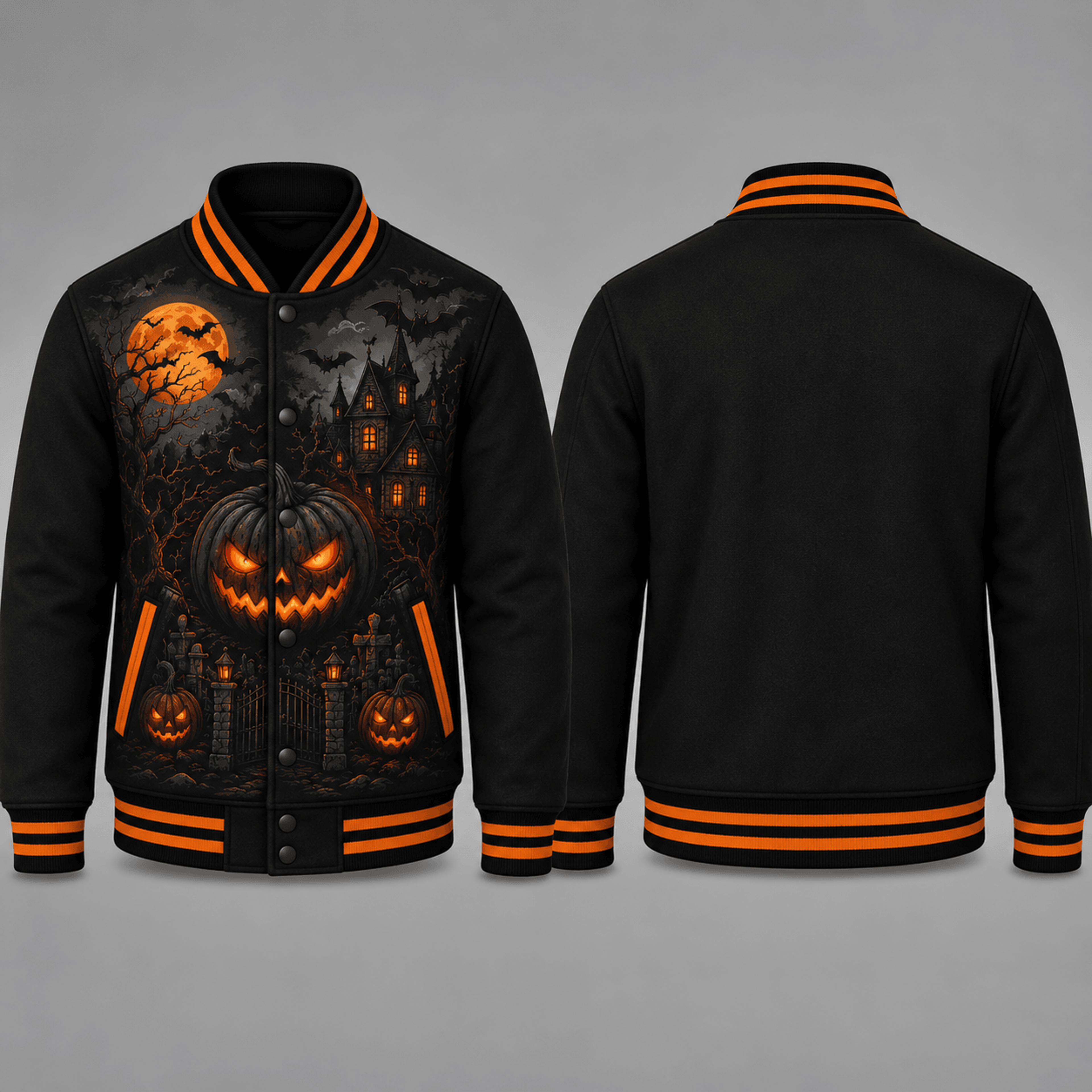 halloween jack o lantern unisex varsity jacket, haunted house pumpkin printed jacket, spooky horror halloween outfit