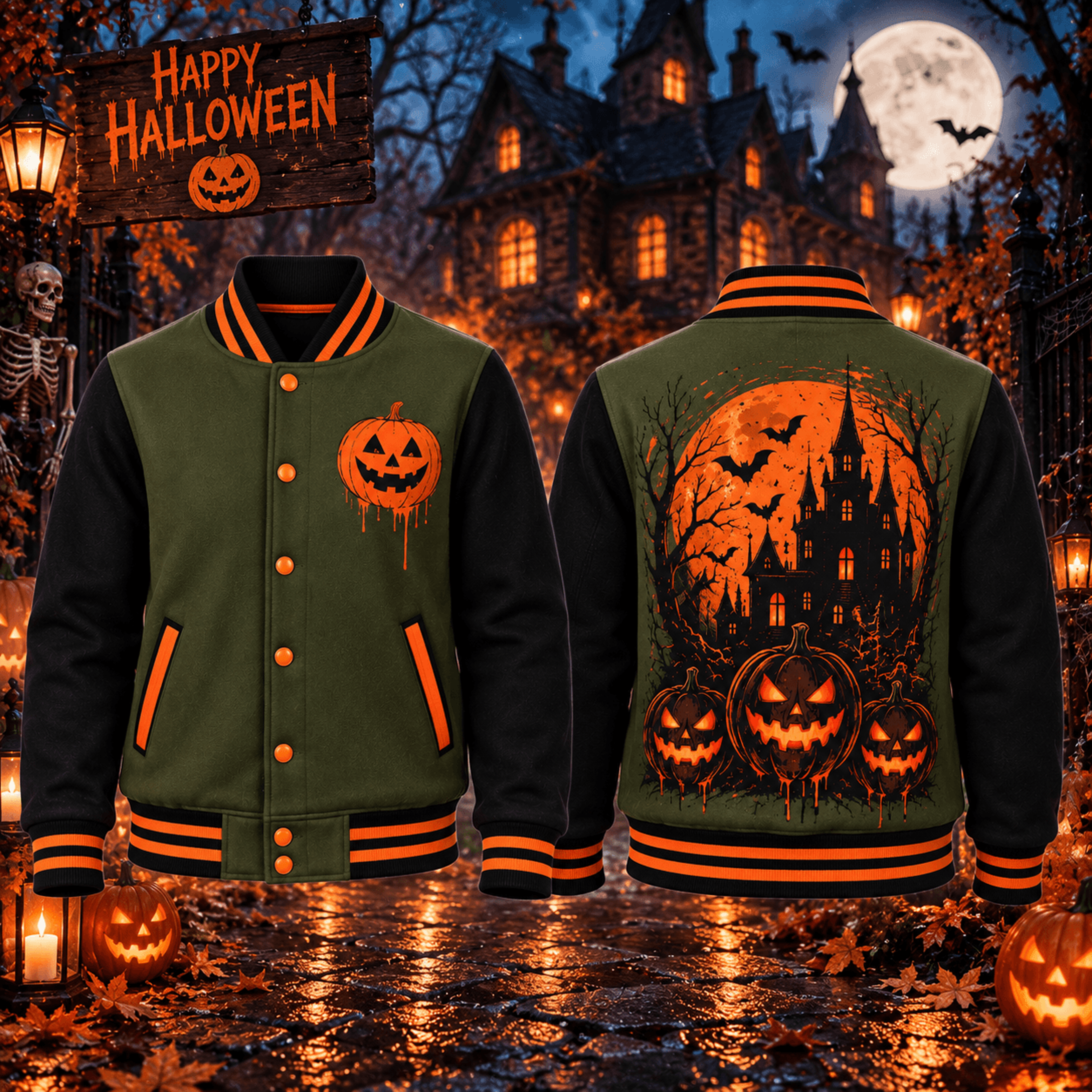 halloween haunted house unisex varsity jacket, jack o lantern pumpkin printed jacket, spooky gothic halloween outfit