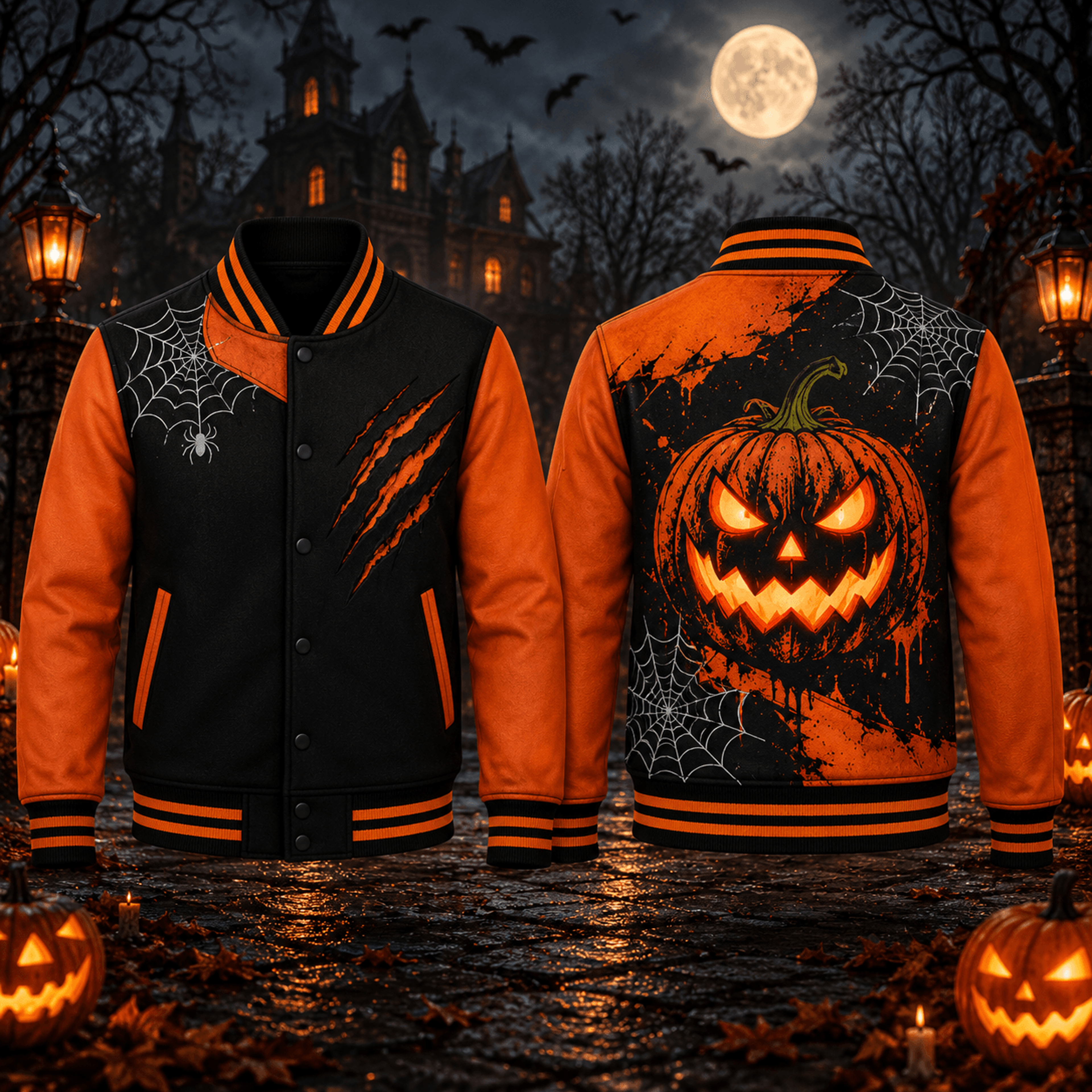 halloween pumpkin unisex varsity jacket, jack o lantern spider web printed jacket, spooky halloween horror outfit
