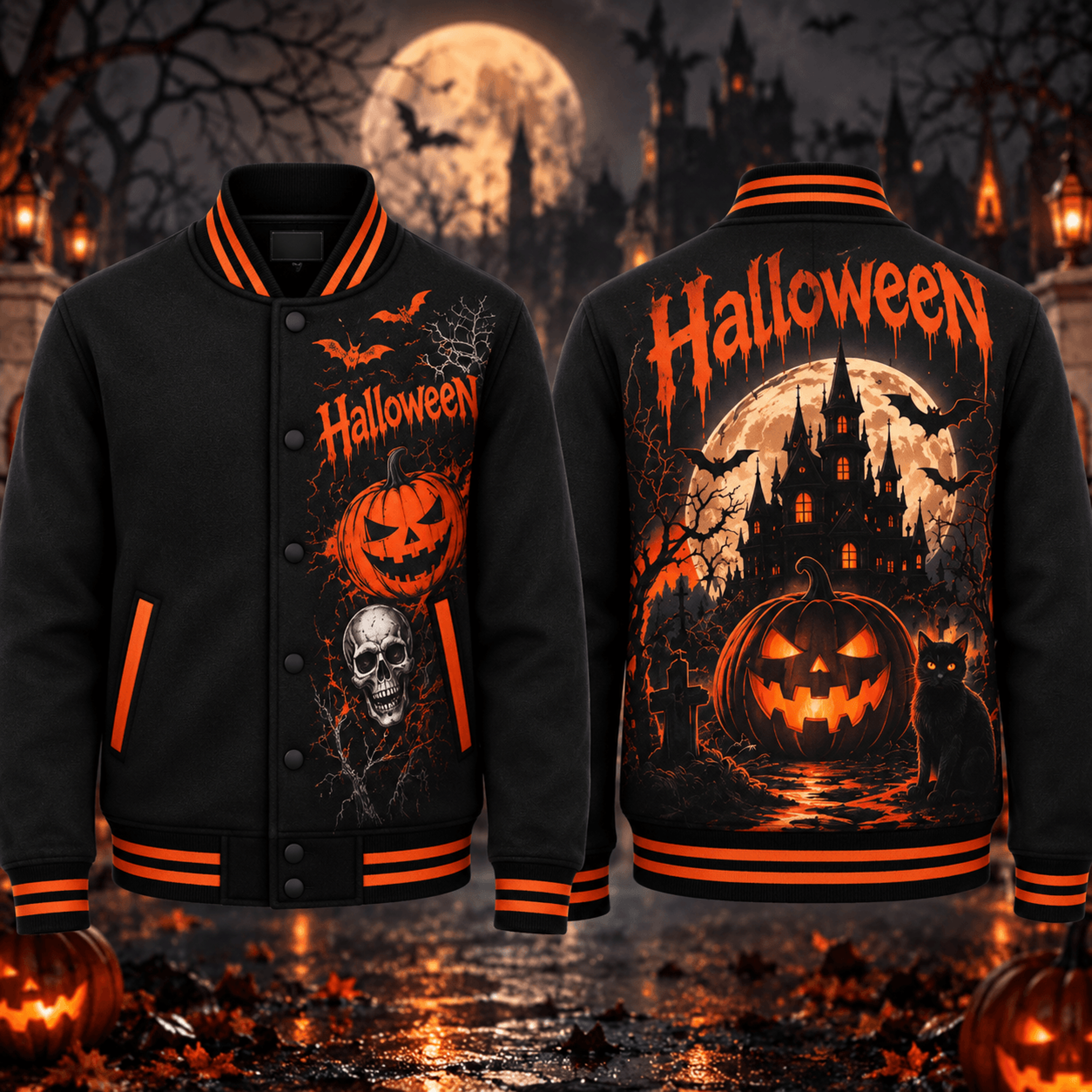 halloween pumpkin unisex varsity jacket, haunted house skull black cat printed spooky horror jacket, halloween outfit