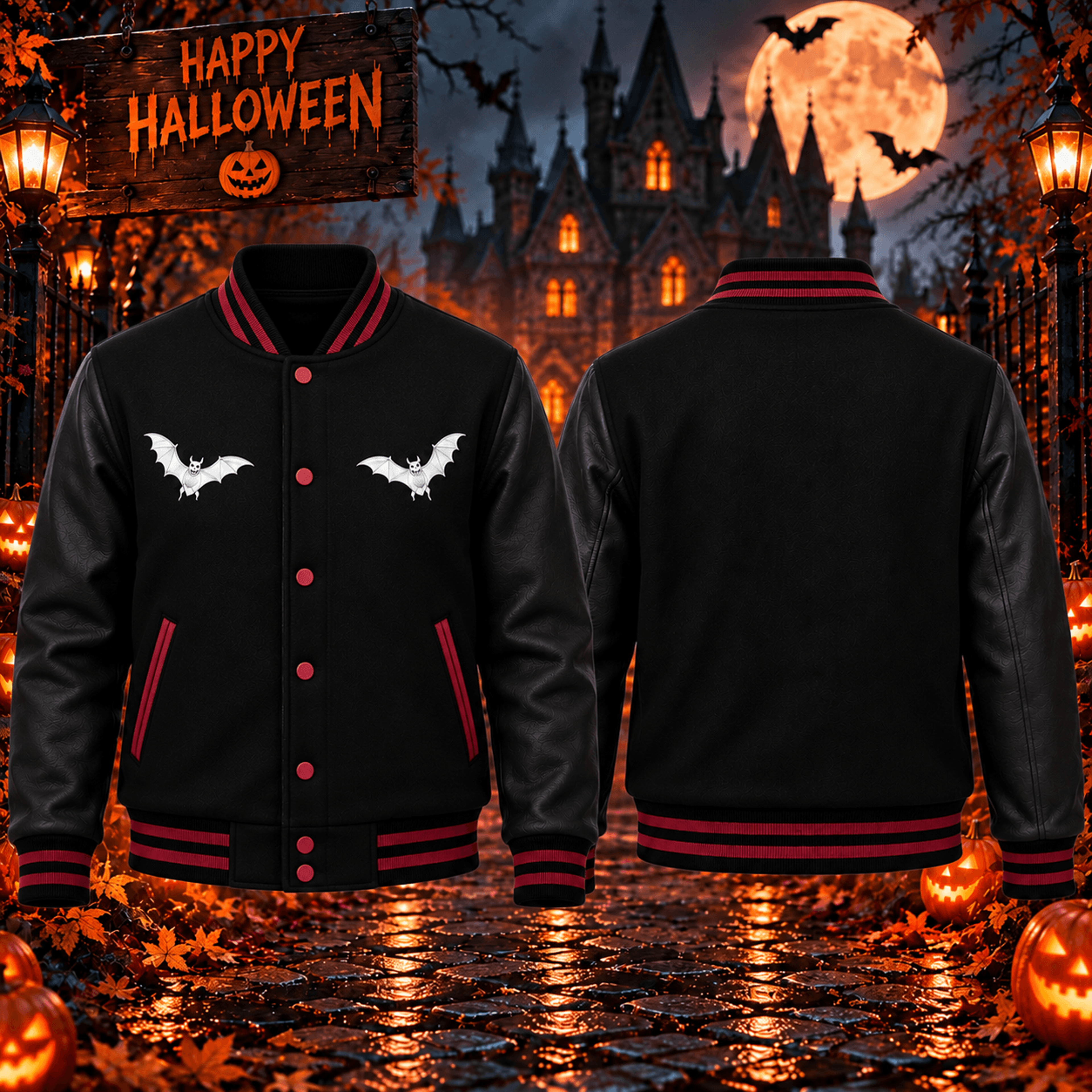 halloween bat unisex varsity jacket, white flying bat printed black jacket, minimal spooky halloween outfit