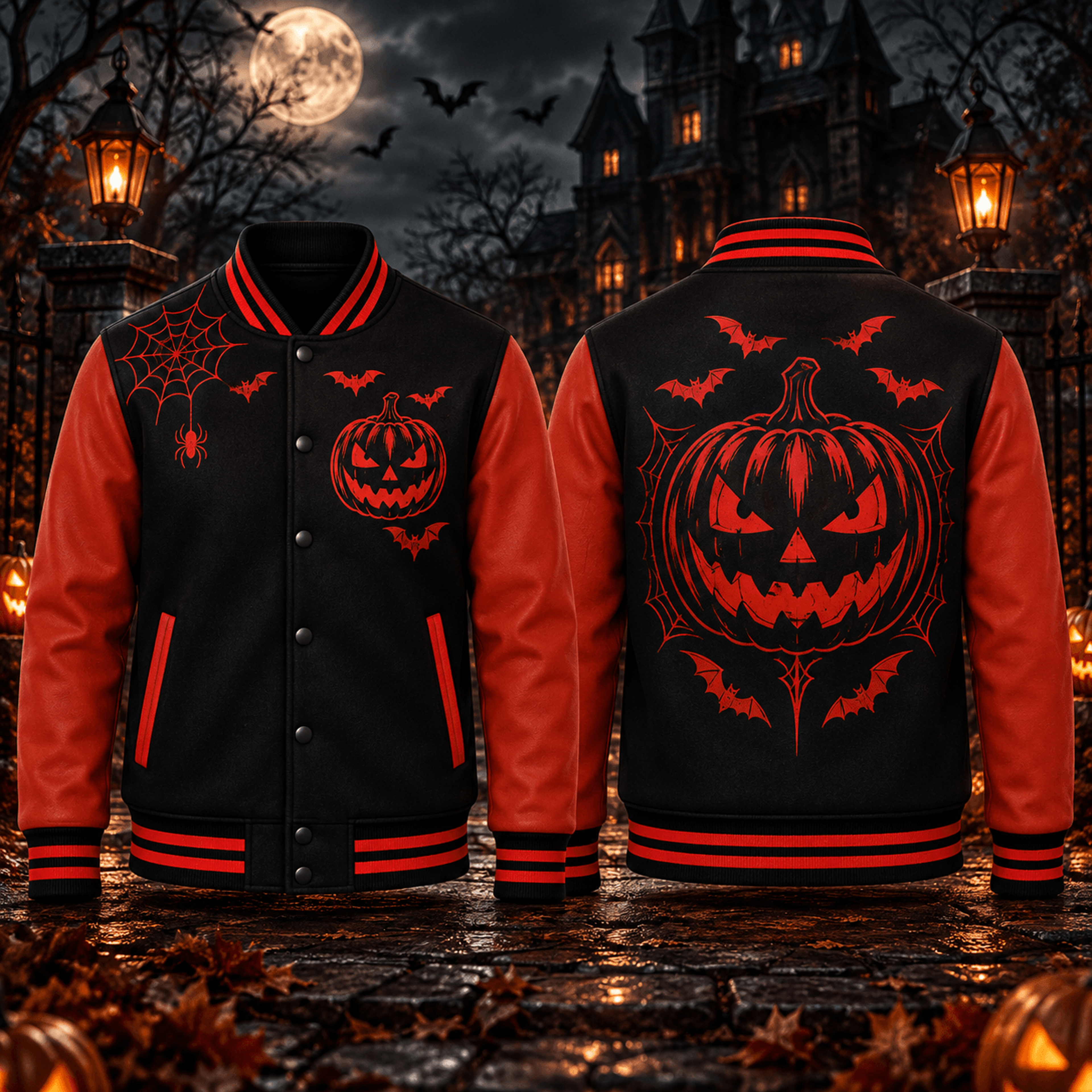 halloween pumpkin unisex varsity jacket, jack o lantern spider web bat printed spooky horror jacket, halloween outfit