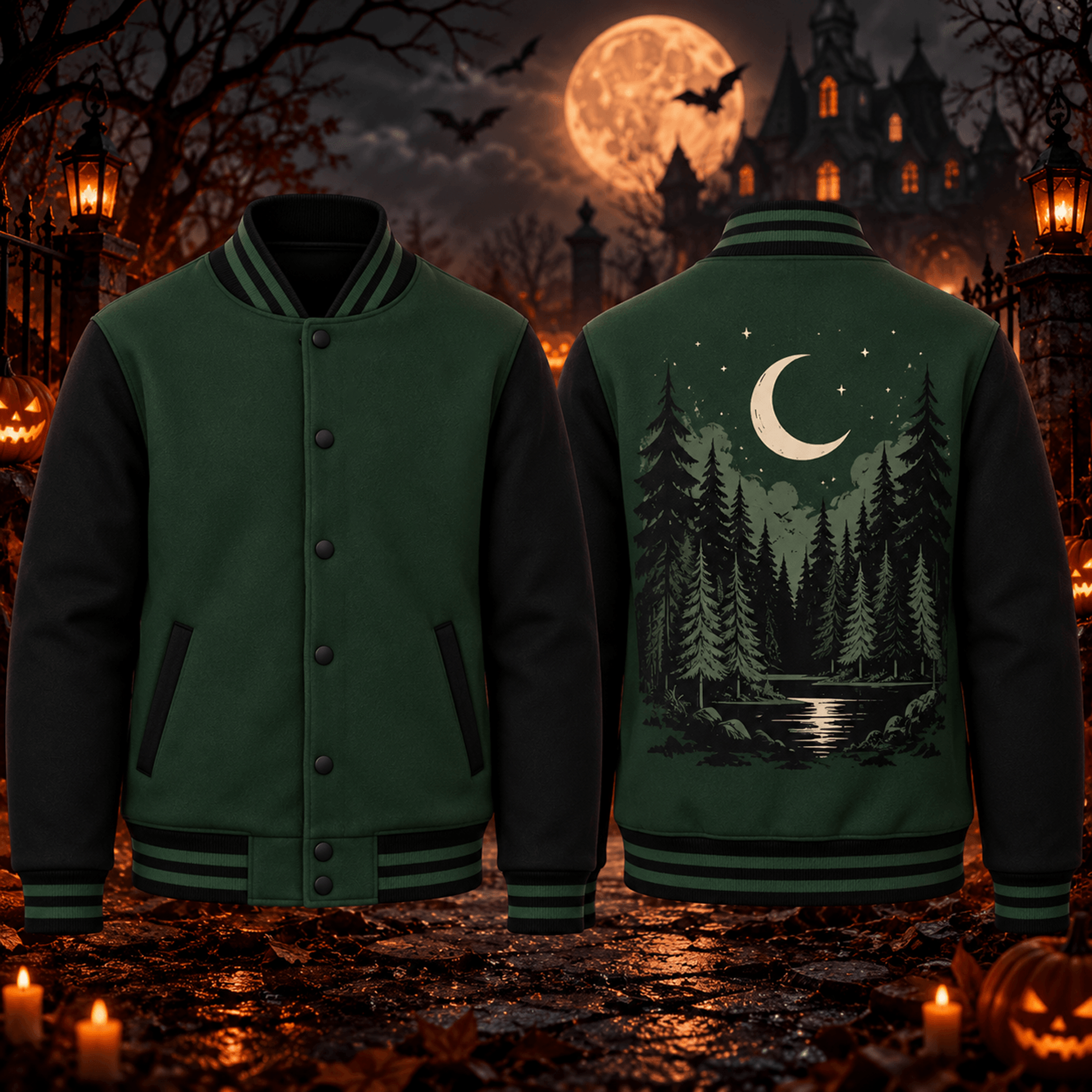halloween moon forest unisex varsity jacket, dark green pine tree night printed jacket, spooky nature fall outfit