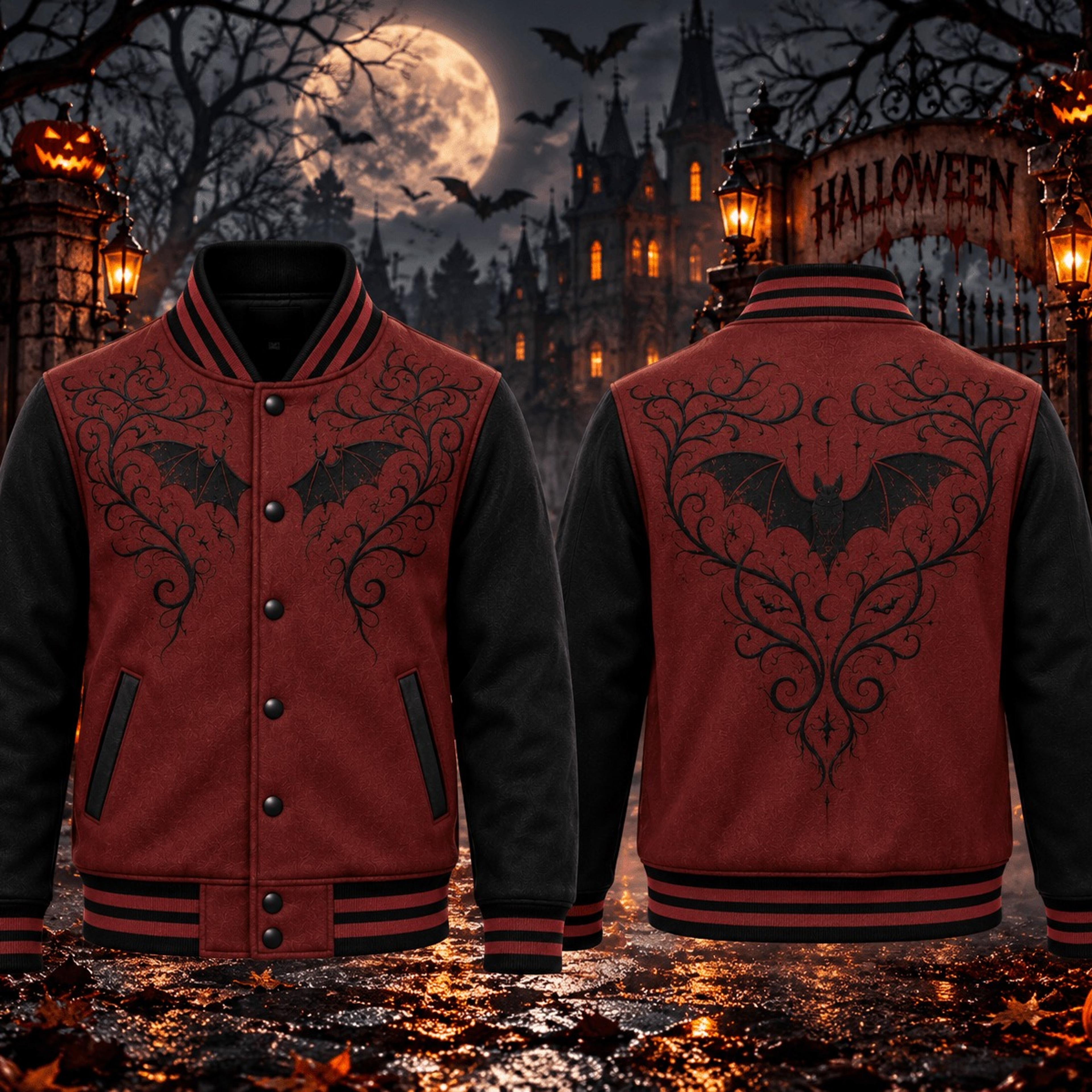 halloween gothic bat unisex varsity jacket, dark red vampire moon printed jacket, spooky gothic fall outfit