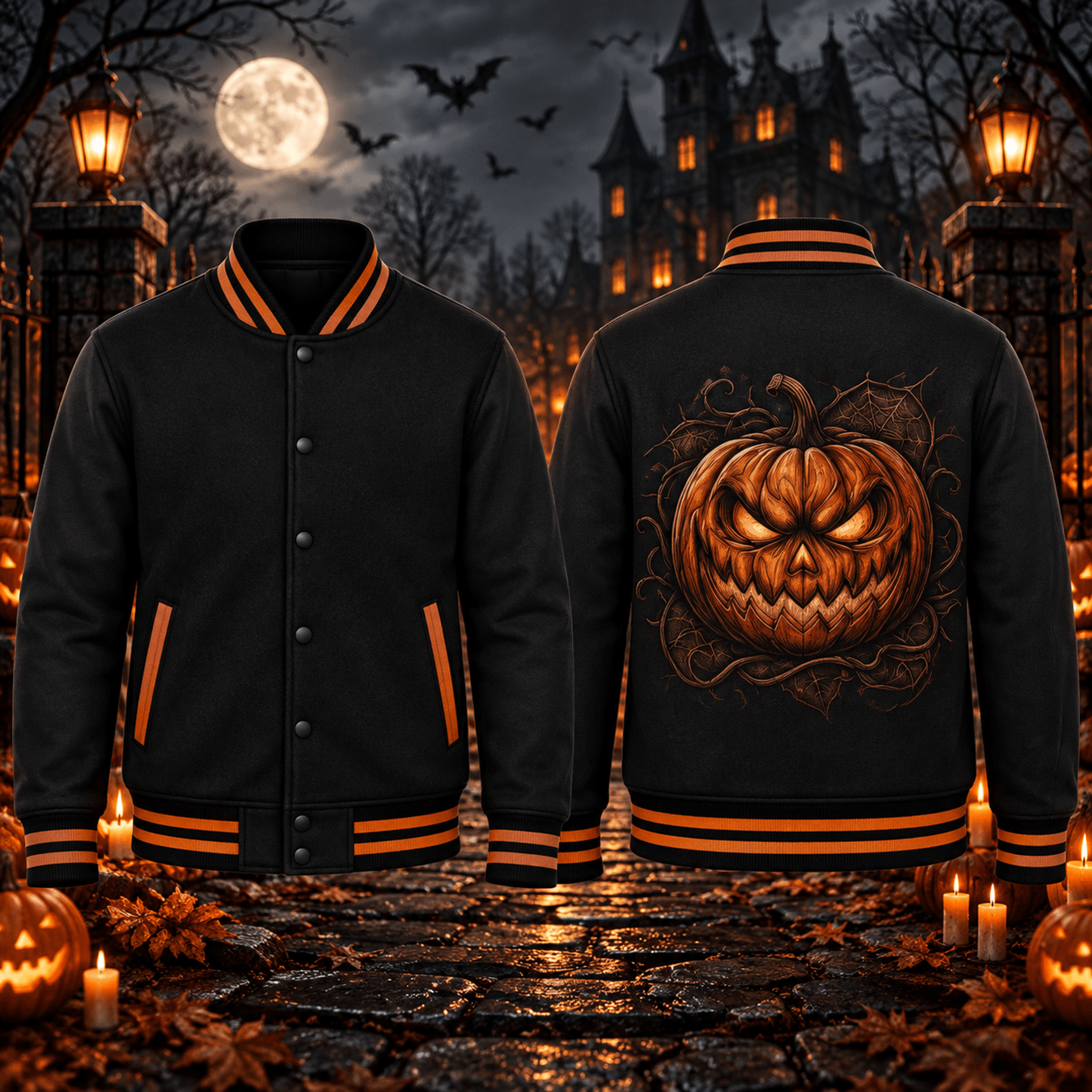 halloween evil pumpkin unisex varsity jacket, scary jack o lantern printed black jacket, spooky fall outfit